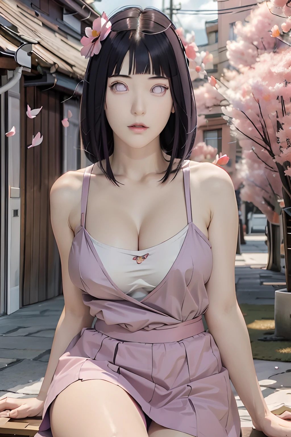 masterpiece, absurdres, hinata hyuga, 1girl, solo,mature female, spaghetti strap top,high waist short skirt, looking at viewer, (falling petals), perfect composition, detailed lips, big breast, beautiful face, body propotion, blush, (pink lips), long hair, purple eyes, soft gaze, super realistic, detailed, photoshoot, realistic face and body, sexual expression, seductive expression,