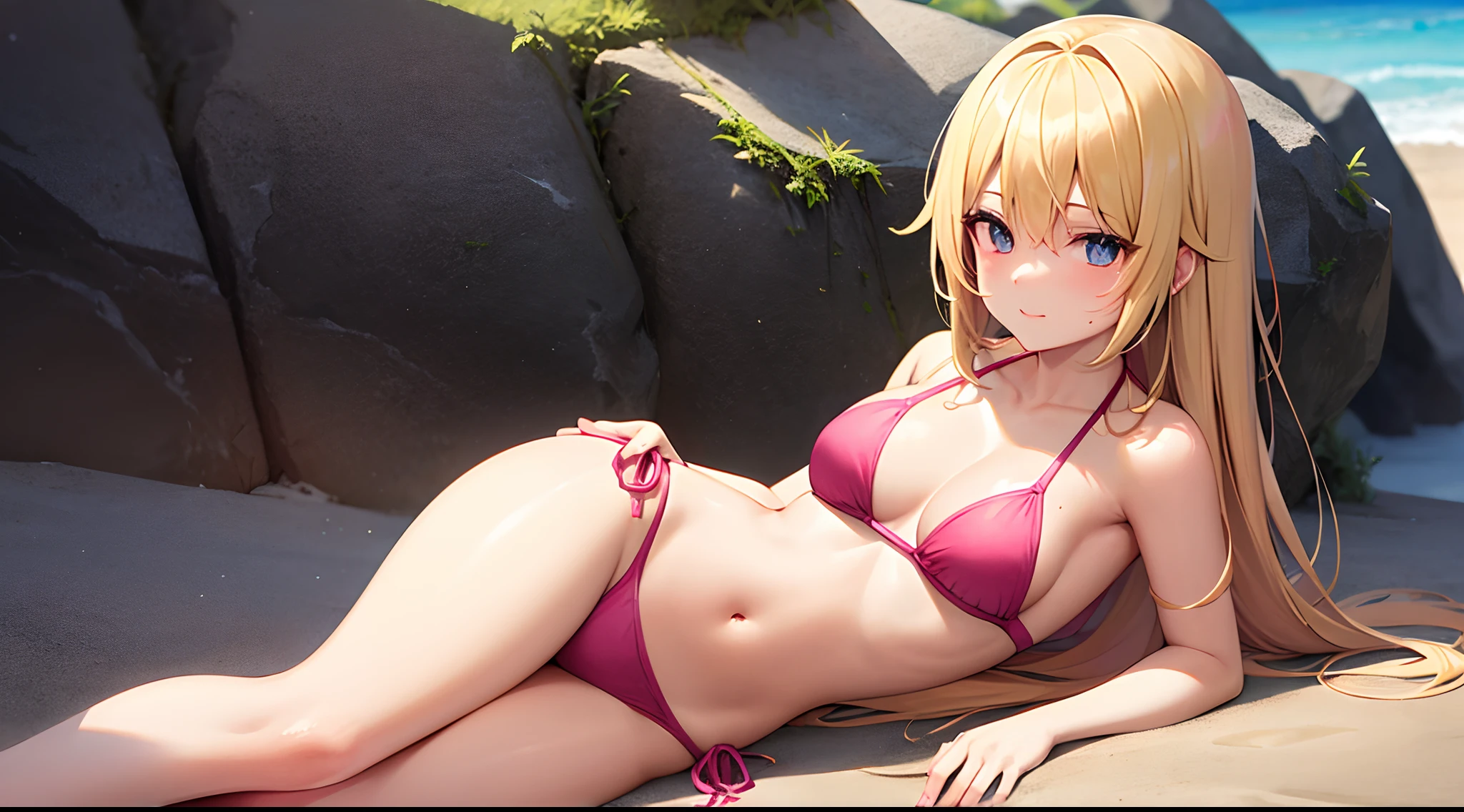 Blonde anime girl in pink strap bikini lying on her side facing the camera on the beach