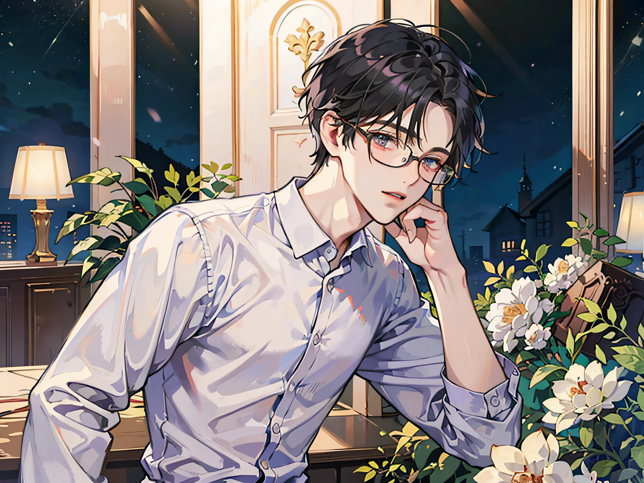 1boy,10 talents、(Man's :2) ,Handsome boy,A dark-haired,Hairstyle short,(Upper body naked:1.5)、mid night 、In the room、dark ilumination、hightquality、masutepiece,8K,NSFW,eye glasses
