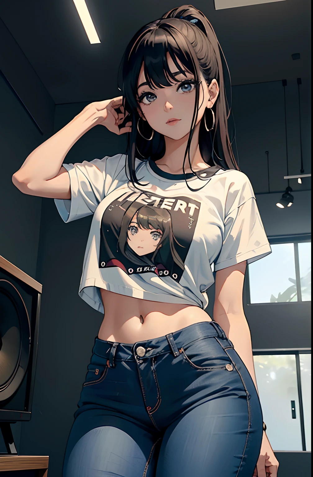 (Hinata Hyuga, muito sensual, com roupas apertadas, bunda grande, pernas grossas, Wearing extremely tight jeans, usando uma mini blusa, umbigo com pirsing, cabelo grande, Speaker behind, muito realista, extremamente sexy, 8k, 8k extremamente detalhado), (um extremamente delicado e bonito), (obra-prima), (melhor qualidade: 1.0), (ultra highres:1.0)