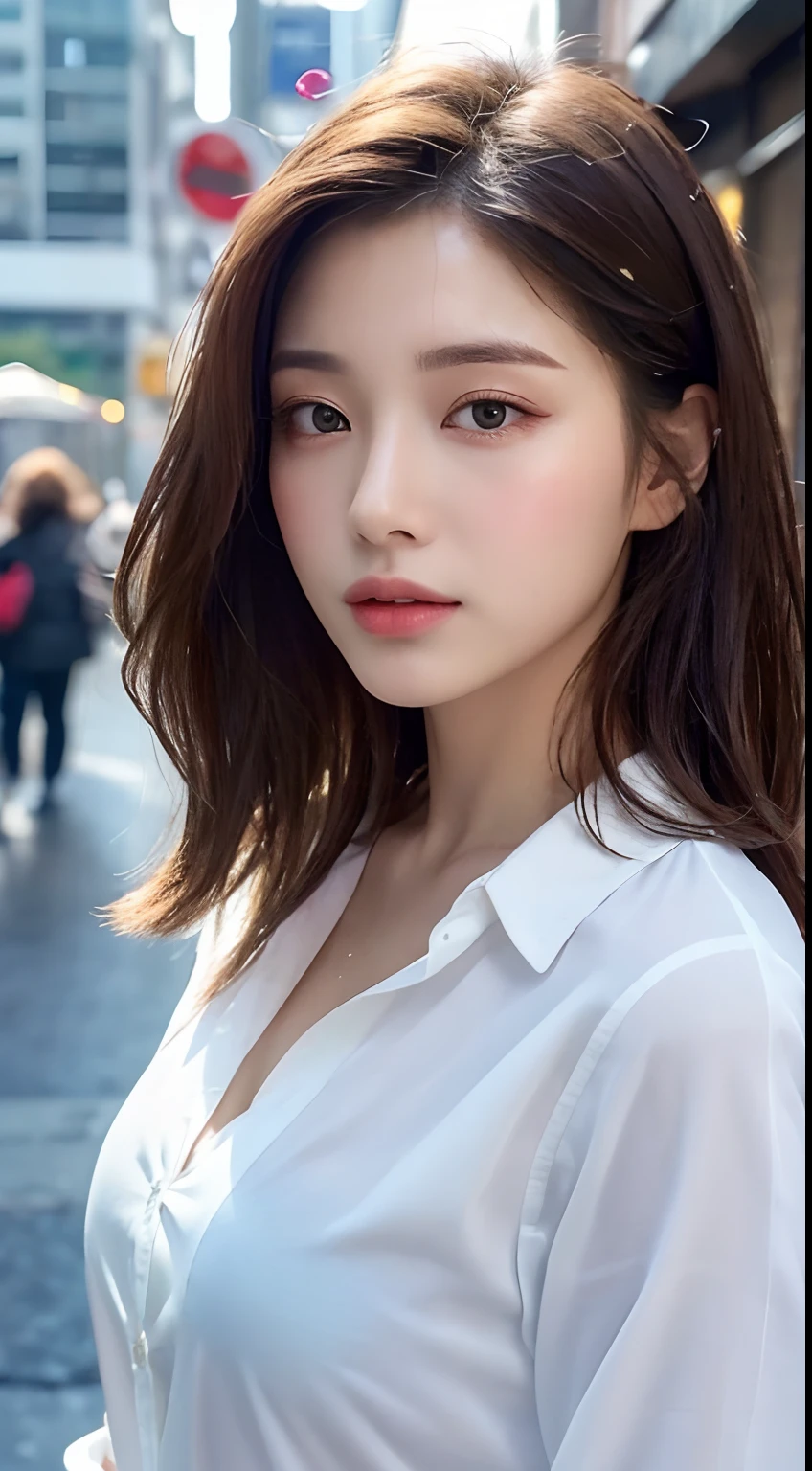 ((Best Quality, 8K, Masterpiece: 1.3)), Sharp: 1.2, Perfect Body Beauty: 1.4, Slim Abs: 1.2, ((Layered Hairstyle, Big Breasts: 1.2)), (Wet White Button Long Shirt: 1.1), (Rain, Street: 1.2), Wet: 1.5, Highly detailed face and skin texture, detailed eyes, double eyelids, side face looking at the camera