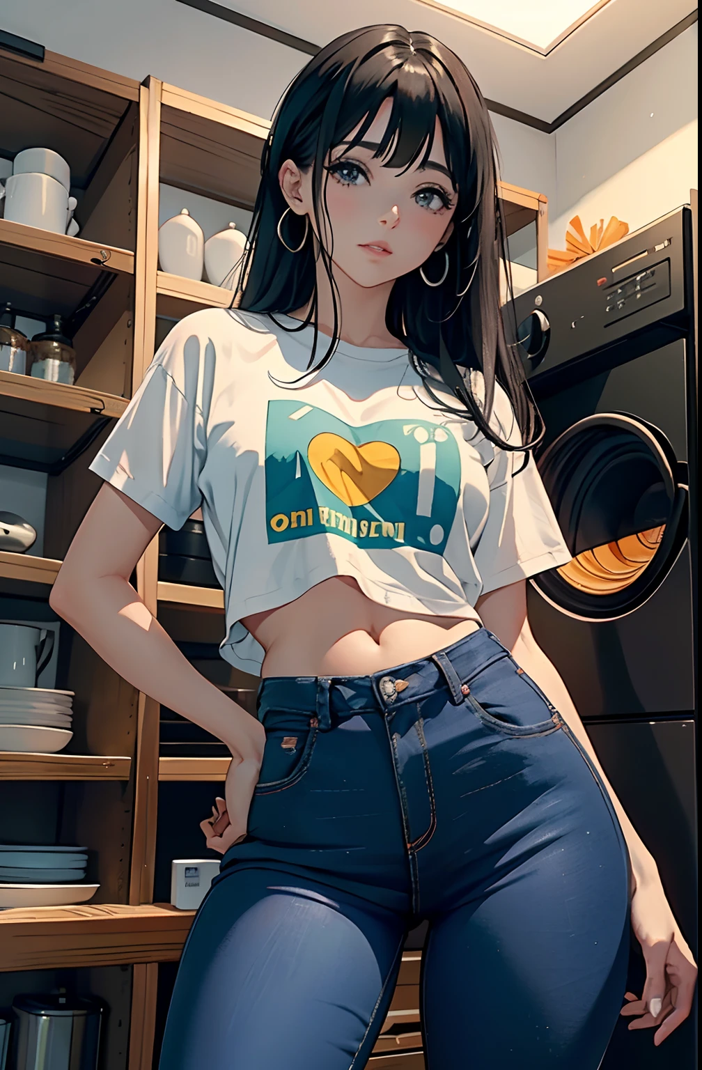 (Hinata Hyuga, muito sensual, com roupas apertadas, bunda grande, pernas grossas, Wearing extremely tight jeans, usando uma mini blusa, umbigo com pirsing, cabelo grande, Speaker behind, muito realista, extremamente sexy, 8k, 8k extremamente detalhado), (um extremamente delicado e bonito), (obra-prima), (melhor qualidade: 1.0), (ultra highres:1.0)