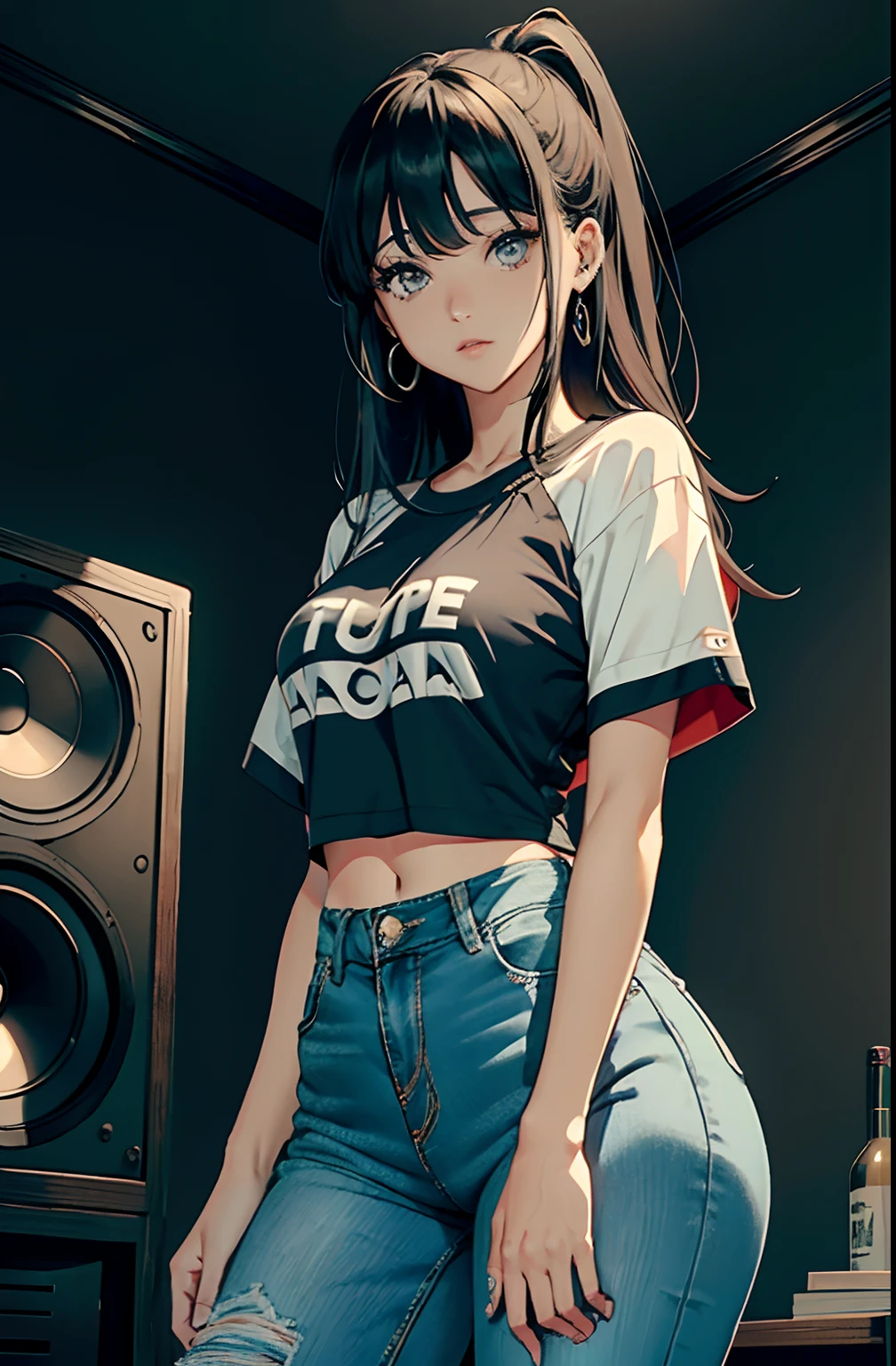 (Hinata Hyuga, muito sensual, com roupas apertadas, bunda grande, pernas grossas, Wearing extremely tight jeans, usando uma mini blusa, umbigo com pirsing, cabelo grande, Speaker behind, muito realista, extremamente sexy, 8k, 8k extremamente detalhado), (um extremamente delicado e bonito), (obra-prima), (melhor qualidade: 1.0), (ultra highres:1.0)