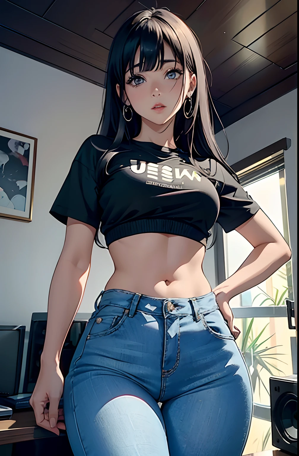 (Hinata Hyuga, muito sensual, com roupas apertadas, bunda grande, pernas grossas, Wearing extremely tight jeans, usando uma mini blusa, umbigo com pirsing, cabelo grande, Speaker behind, muito realista, extremamente sexy, 8k, 8k extremamente detalhado), (um extremamente delicado e bonito), (obra-prima), (melhor qualidade: 1.0), (ultra highres:1.0)