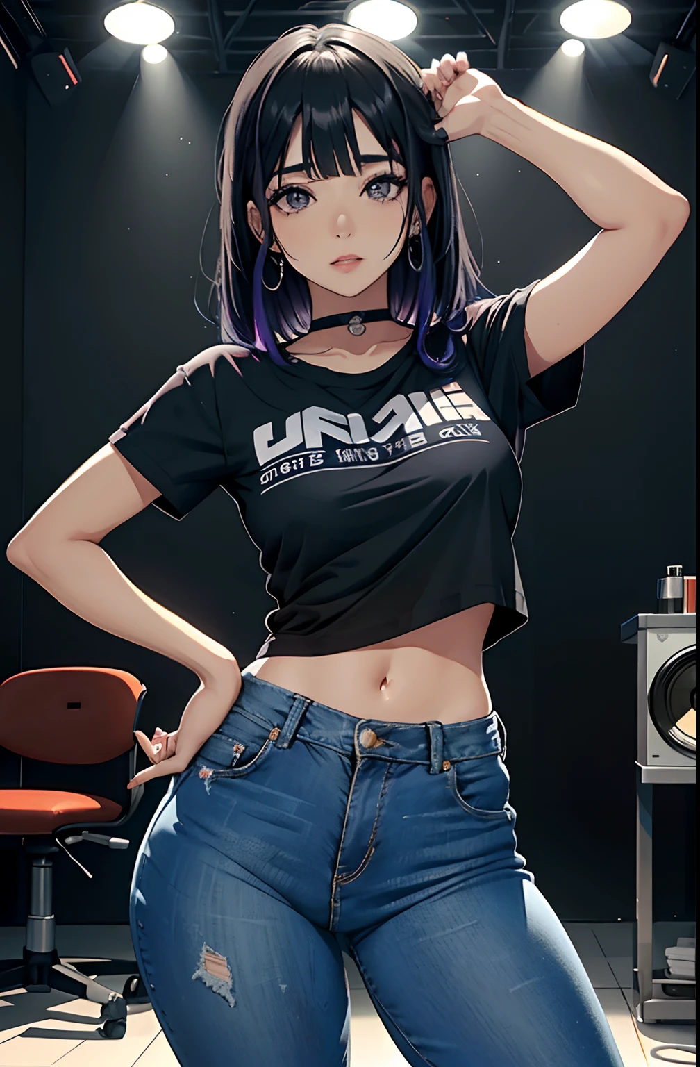 (Hinata Hyuga, muito sensual, com roupas apertadas, bunda grande, pernas grossas, Wearing extremely tight jeans, usando uma mini blusa, umbigo com pirsing, cabelo grande, Speaker behind, muito realista, extremamente sexy, 8k, 8k extremamente detalhado), (um extremamente delicado e bonito), (obra-prima), (melhor qualidade: 1.0), (ultra highres:1.0)
