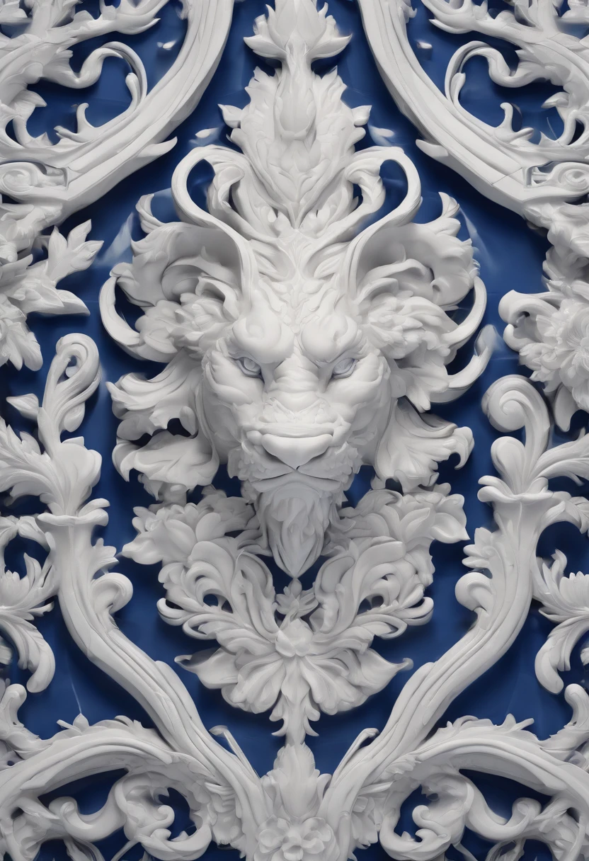 Blue and white porcelain,A sacred beast made of ceramic，Three-dimensional relief，artwork of a，Ornaments， high detail,3D， Chiaroscuro, Cinematic lighting, god light, Cinematic lighting, hyper HD, High details, Best quality, A high resolution, Textured skin