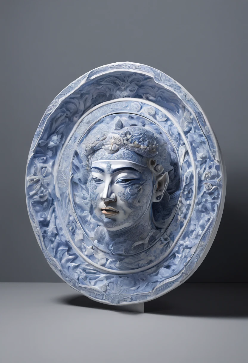 Blue and white porcelain,A sacred beast made of ceramic,Three-dimensional relief,artwork of a,Ornaments, high detail,3D, Chiaroscuro, Cinematic lighting, god light, Cinematic lighting, hyper HD, High details, Best quality, A high resolution, Textured skin