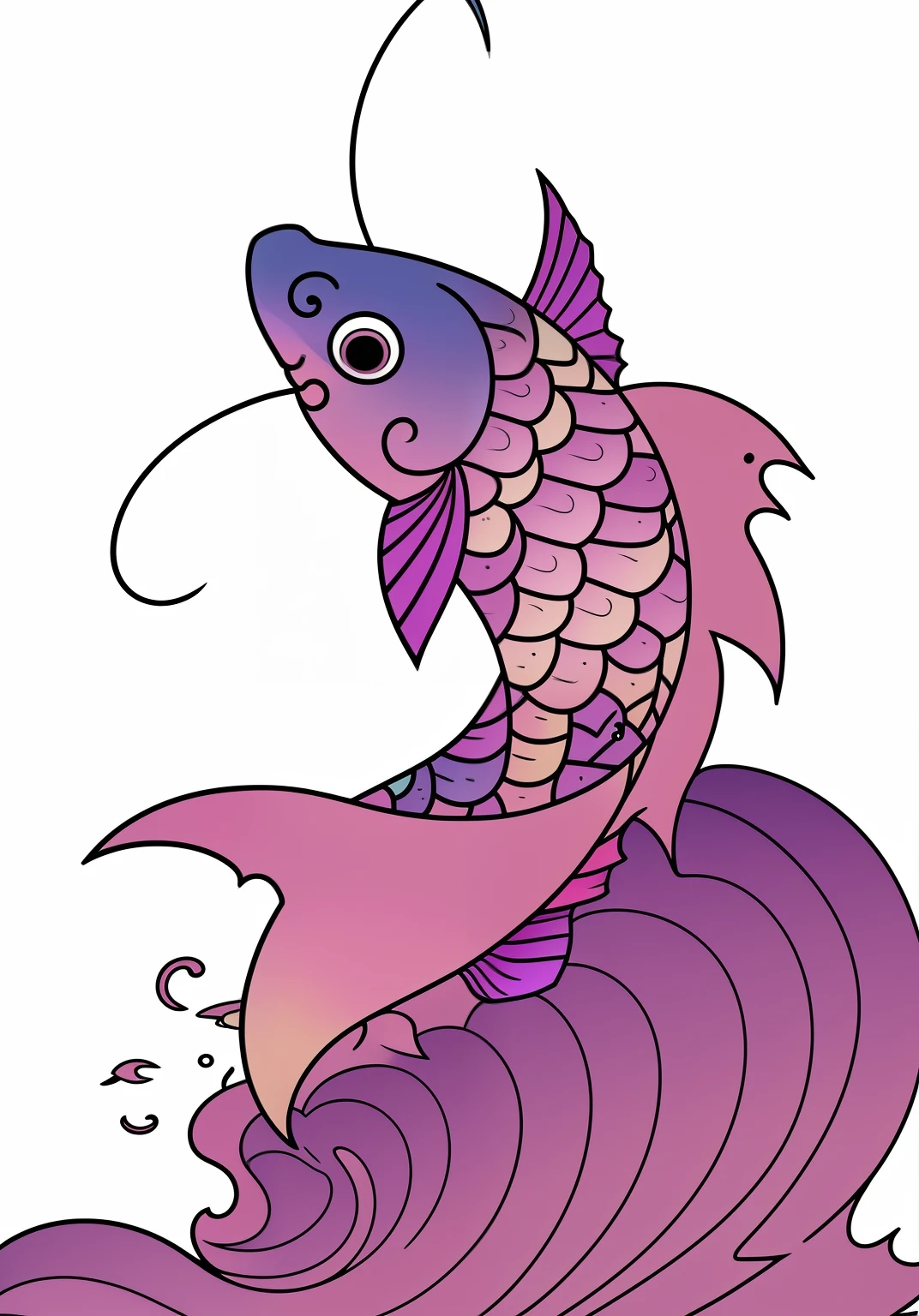 There is a fish sitting on the wave, a purple fish, purple mullet, Colorful fish, clean lineart and color, line art in colour, full-colour illustration, mizutsune, line art in colour, clean lineart and flat color, line art in colour, fully colored, colored screentone, stylized linework, ( ( ( koi colors ) ) )