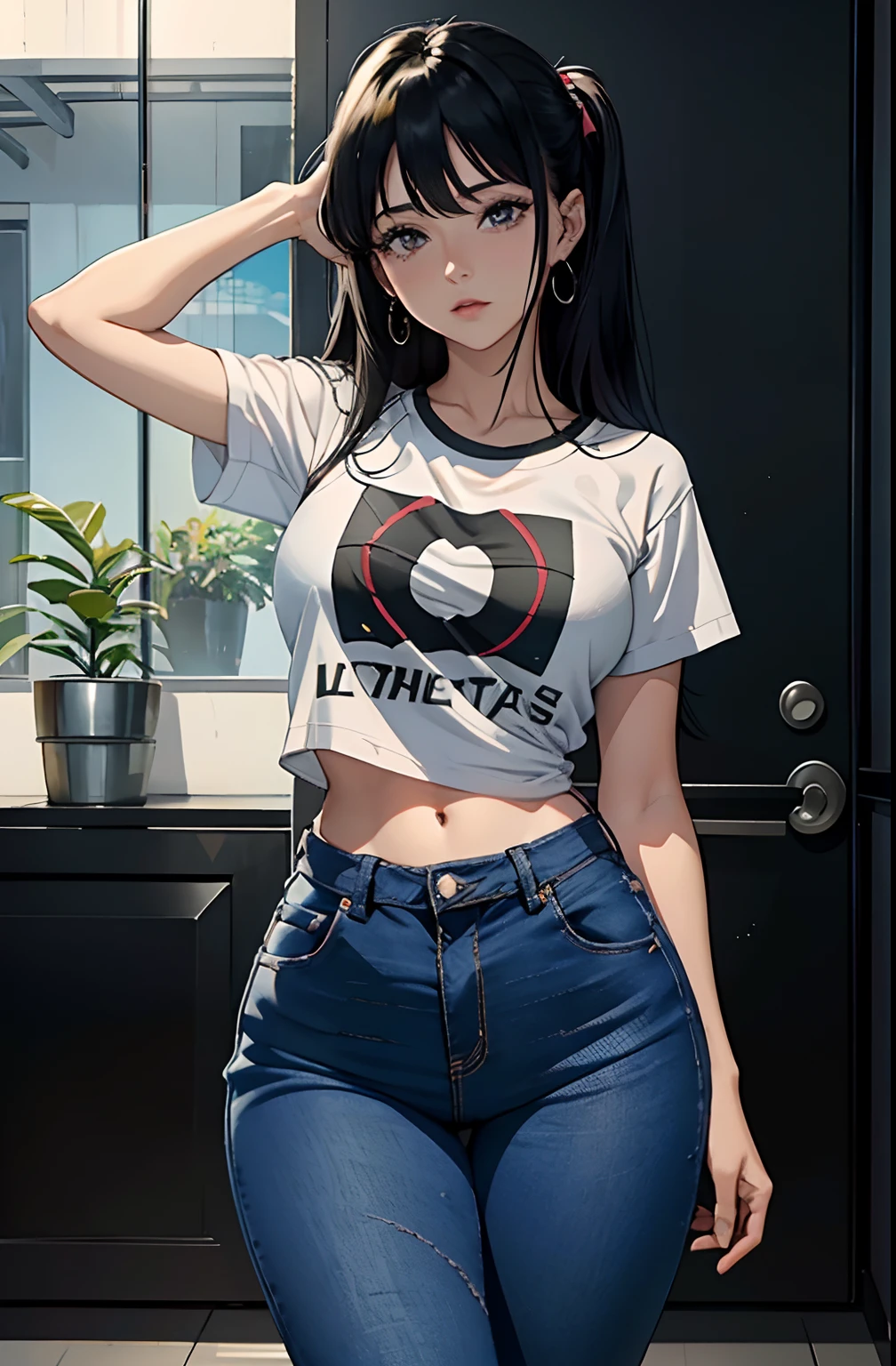 (Hinata Hyuga, muito sensual, com roupas apertadas, bunda grande, pernas grossas, Wearing extremely tight jeans, usando uma mini blusa, umbigo com pirsing, cabelo grande, Speaker behind, muito realista, extremamente sexy, 8k, 8k extremamente detalhado), (um extremamente delicado e bonito), (obra-prima), (melhor qualidade: 1.0), (ultra highres:1.0)