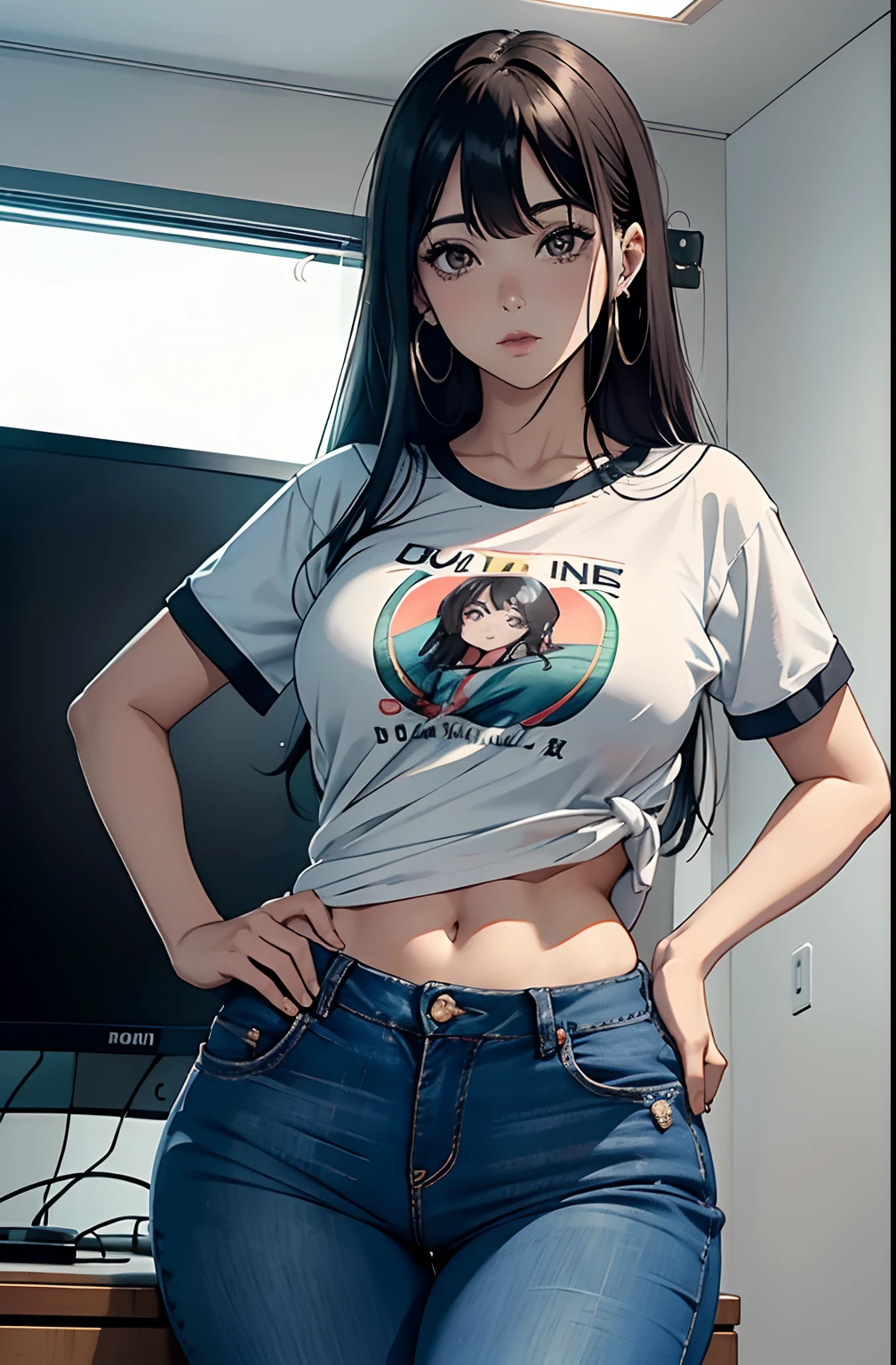 (Hinata Hyuga, muito sensual, com roupas apertadas, bunda grande, pernas grossas, Wearing extremely tight jeans, usando uma mini blusa, umbigo com pirsing, cabelo grande, Speaker behind, muito realista, extremamente sexy, 8k, 8k extremamente detalhado), (um extremamente delicado e bonito), (obra-prima), (melhor qualidade: 1.0), (ultra highres:1.0)