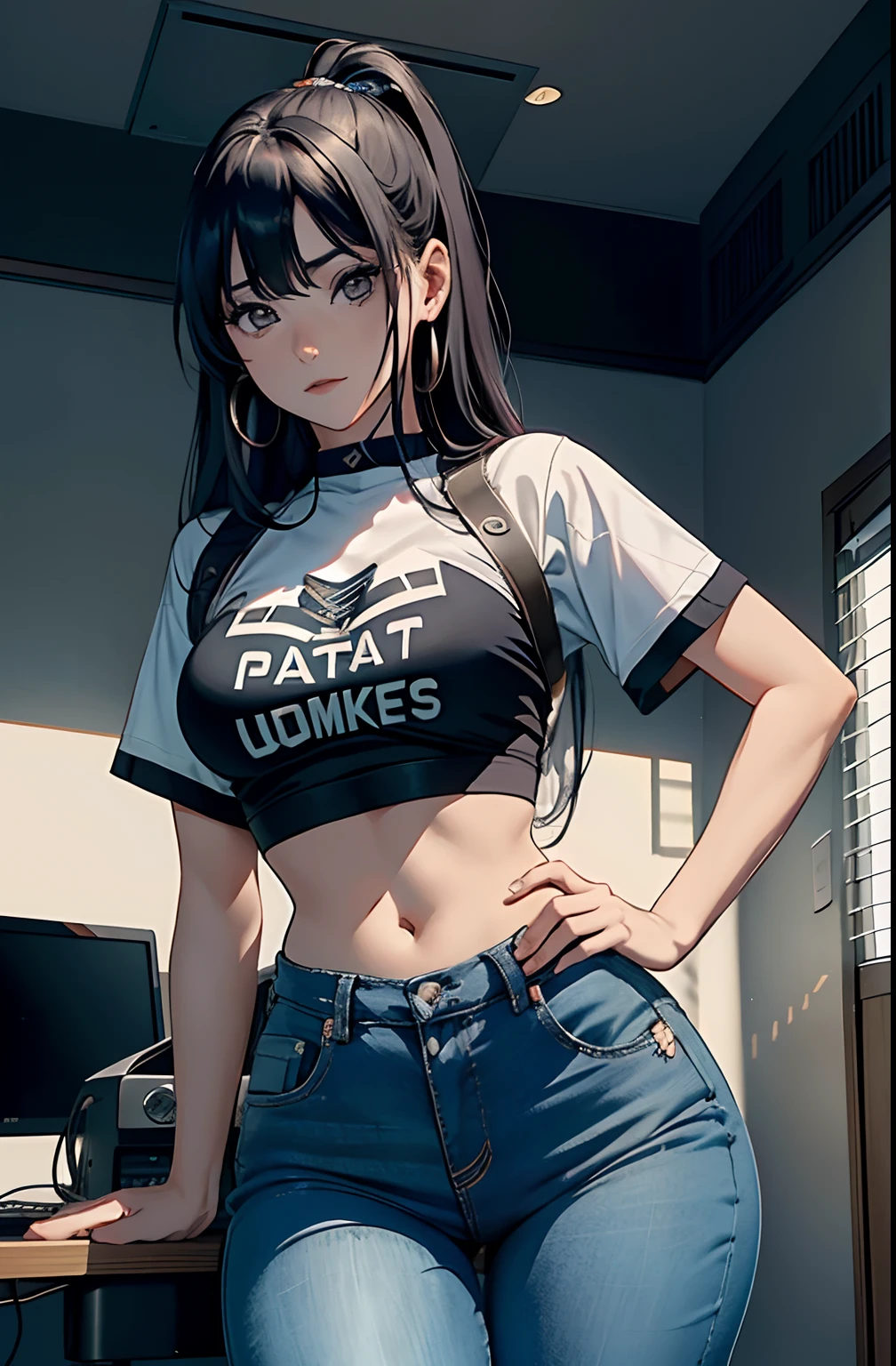 (Hinata Hyuga, muito sensual, com roupas apertadas, bunda grande, pernas grossas, Wearing extremely tight jeans, usando uma mini blusa, umbigo com pirsing, cabelo grande, Speaker behind, muito realista, extremamente sexy, 8k, 8k extremamente detalhado), (um extremamente delicado e bonito), (obra-prima), (melhor qualidade: 1.0), (ultra highres:1.0)