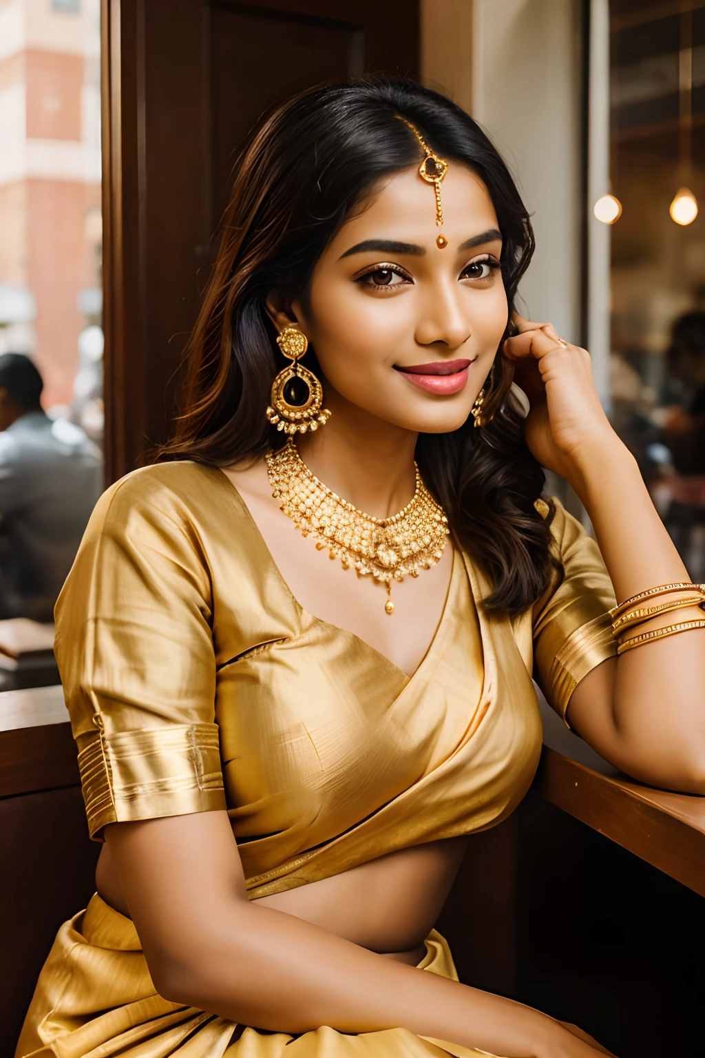 A beautiful Indian woman, smile, golden earrings, pink lips, sitting on the coffee shop, super detailed, soft light