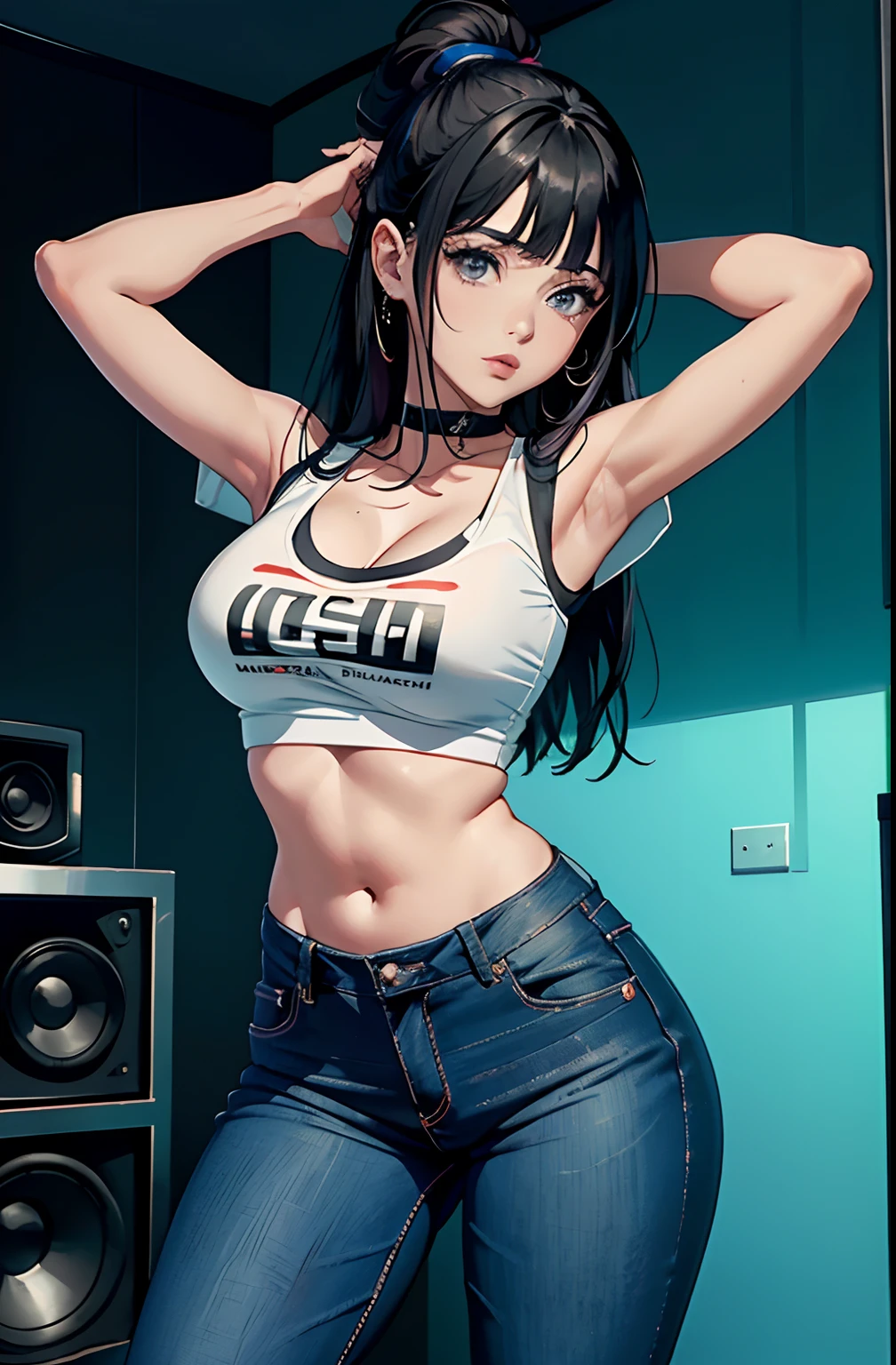 (Hinata Hyuga, muito sensual, com roupas apertadas, bunda grande, pernas grossas, Wearing extremely tight jeans, usando uma mini blusa, umbigo com pirsing, cabelo grande, Speaker behind, muito realista, extremamente sexy, 8k, 8k extremamente detalhado), (um extremamente delicado e bonito), (obra-prima), (melhor qualidade: 1.0), (ultra highres:1.0)
