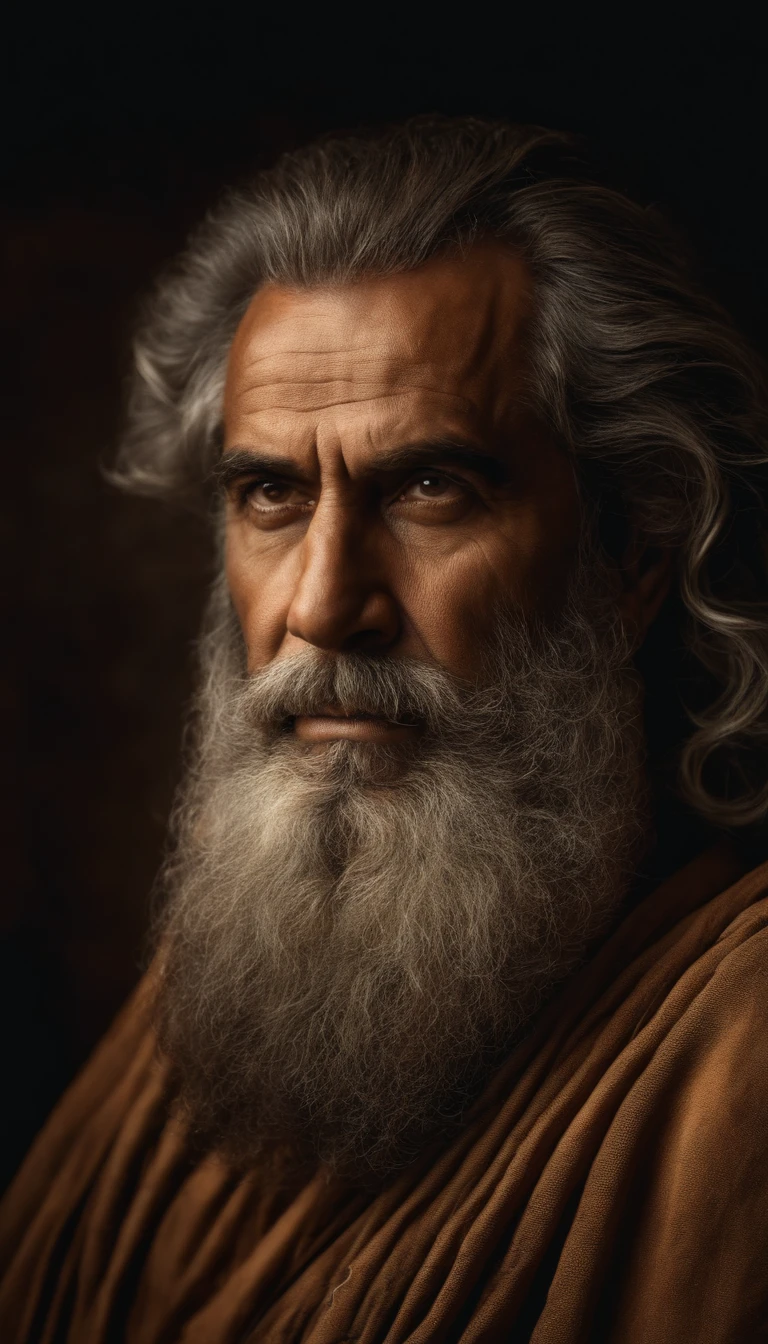 "Half-body photo of a wise and imposing man, de 40 anos, magro, barbudo e com cabelos grisalhos, with a serious expression and an air of experience. highes definition. Inspiration of ancient Greek man."