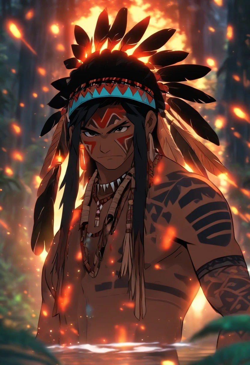 (((indigenous man))) best quality, very high resolution, detailed CG in 4K, masterpiece, black hair, black feathers, amazon brazil, rivers, indigenous people, indigenous tribes, indigenous city, forest, aesthetics, beautiful image, centered on screen, full body