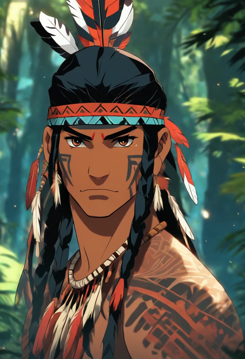 (((indigenous man))) best quality, very high resolution, detailed CG in 4K, masterpiece, black hair, black feathers, amazon brazil, rivers, indigenous people, indigenous tribes, indigenous city, forest, aesthetics, beautiful image, centered on screen, full body