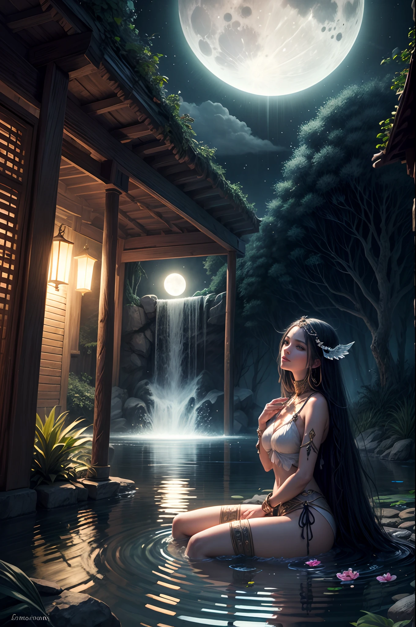 "Moonlit priestess, tropical oasis, magical pond, nocturnal mysteries, ethereal enchantment"