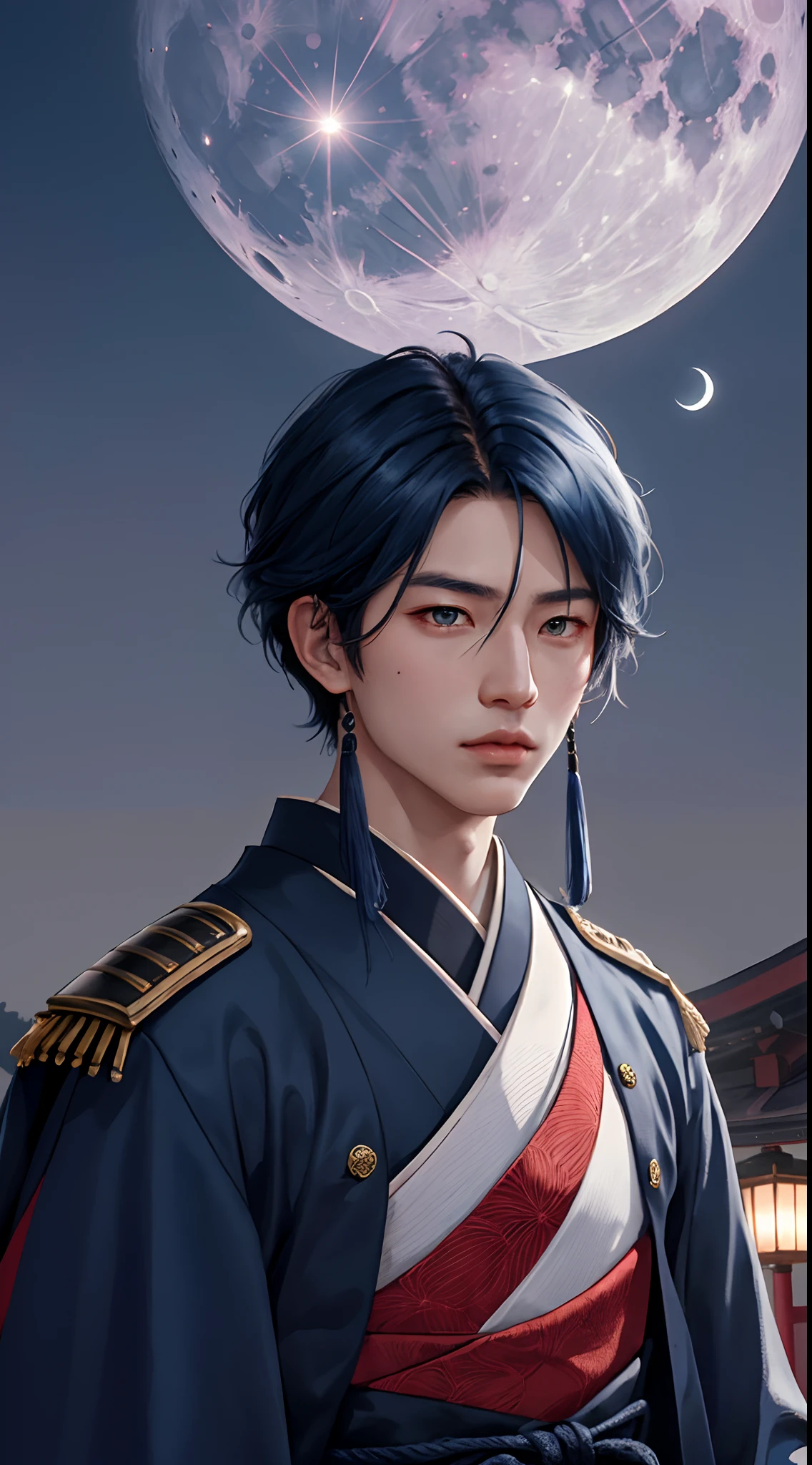 Munechika Mikazuki Asymmetrical hair Female face
Japanese sword komono Blue Hunting Cloth Eyes of the Moon male people 180 cm short-haired darkblue hair Thin macho