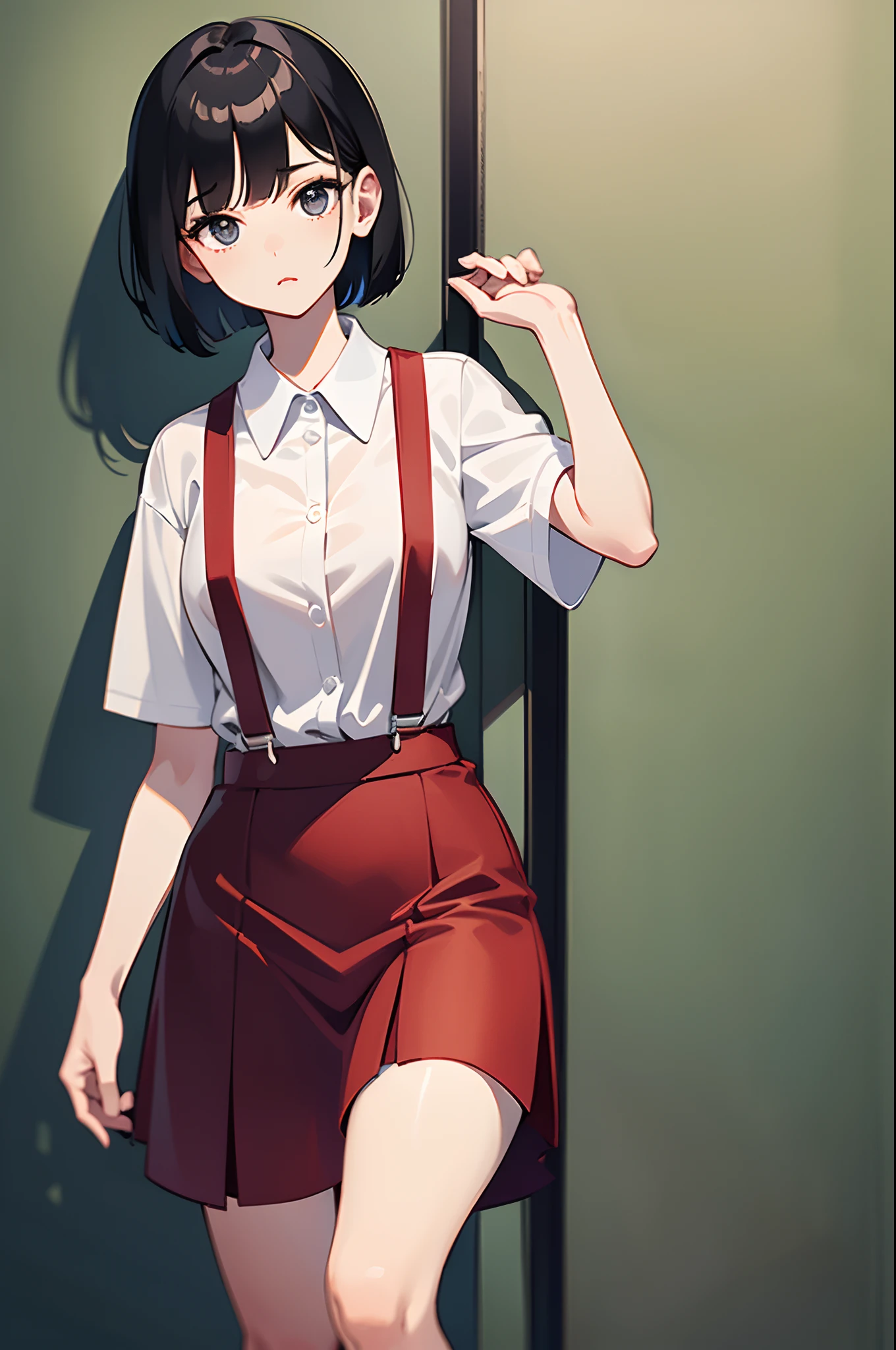 High-quality illustration CG、Top image quality、Top resolution、accurate anatomy、Elaborate face、Wearing a white short-sleeved shirt and red suspenders skirt10Year old girl、Black hair bob cut、Red Suspenders Skirt、is standing、Gamine、Short stature、a baby face、large udder、cowboy shot、