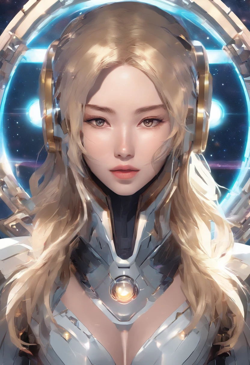 A young man with gold decorations on his body,sense of science and technology,Close-up of the face,Ultra-clear bust,big breasts beautiful,The face of the male protagonist of the novel,Neutral in appearance,hermaphroditism,The most attractive face in the world,blond hairbl,Europe,Three-dimensional facial features,詳細な目,Sexy thin lips,Planets floating in outer space and in the background,Shine in space,cinematric light,tmasterpiece,People wallpapers,Highly refined,3Drenderingof。
