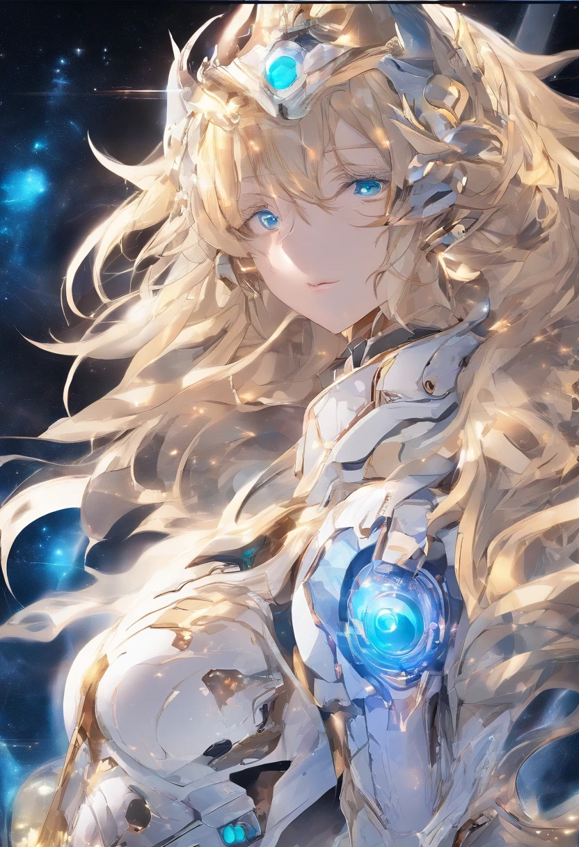 A young man with gold decorations on his body,sense of science and technology,Close-up of the face,Ultra-clear bust,big breasts beautiful,The face of the male protagonist of the novel,Neutral in appearance,hermaphroditism,The most attractive face in the world,blond hairbl,Europe,Three-dimensional facial features,詳細な目,Sexy thin lips,Planets floating in outer space and in the background,Shine in space,cinematric light,tmasterpiece,People wallpapers,Highly refined,3Drenderingof。