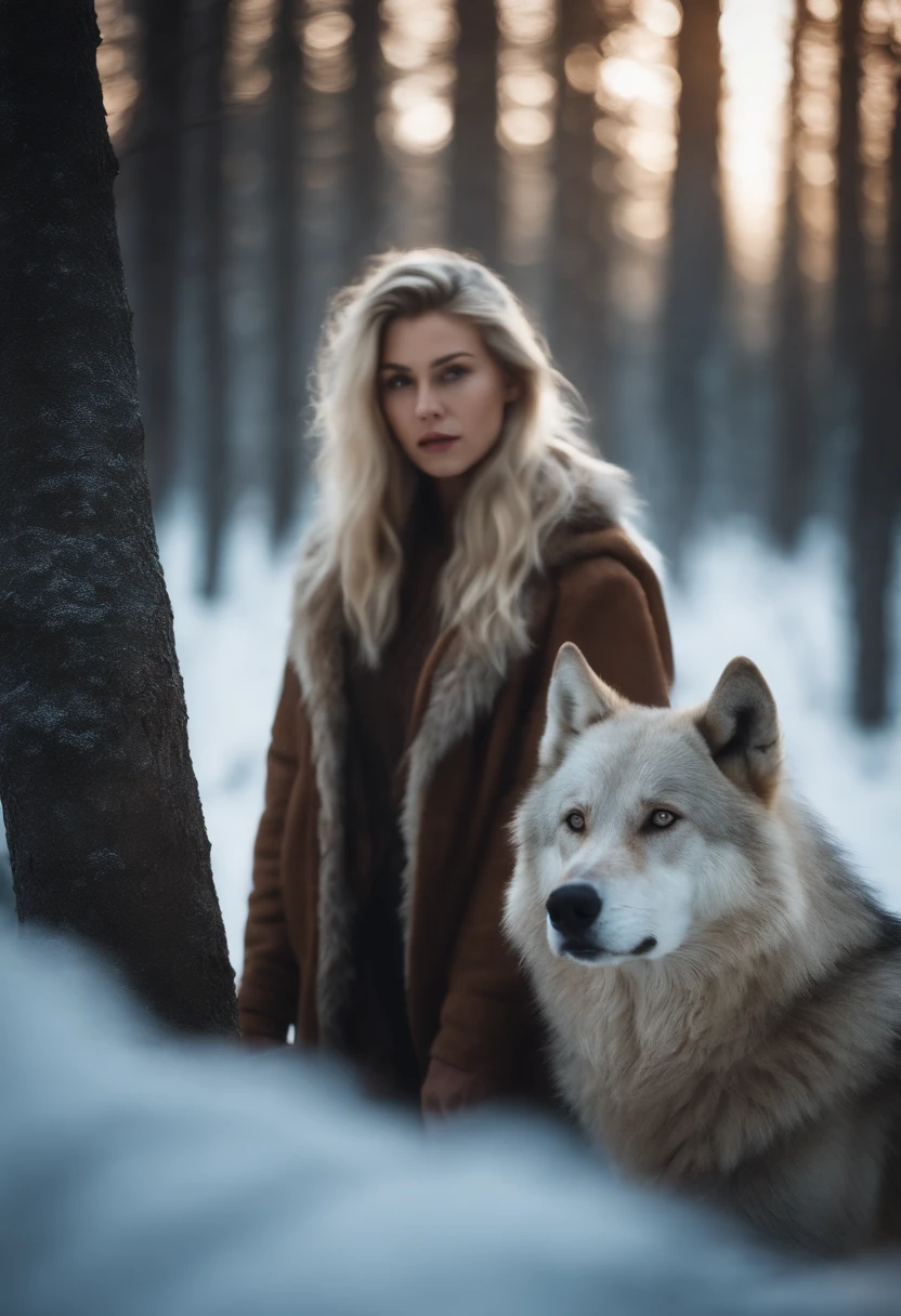 Blonde girl in the icy forest next to a big brown wolf.