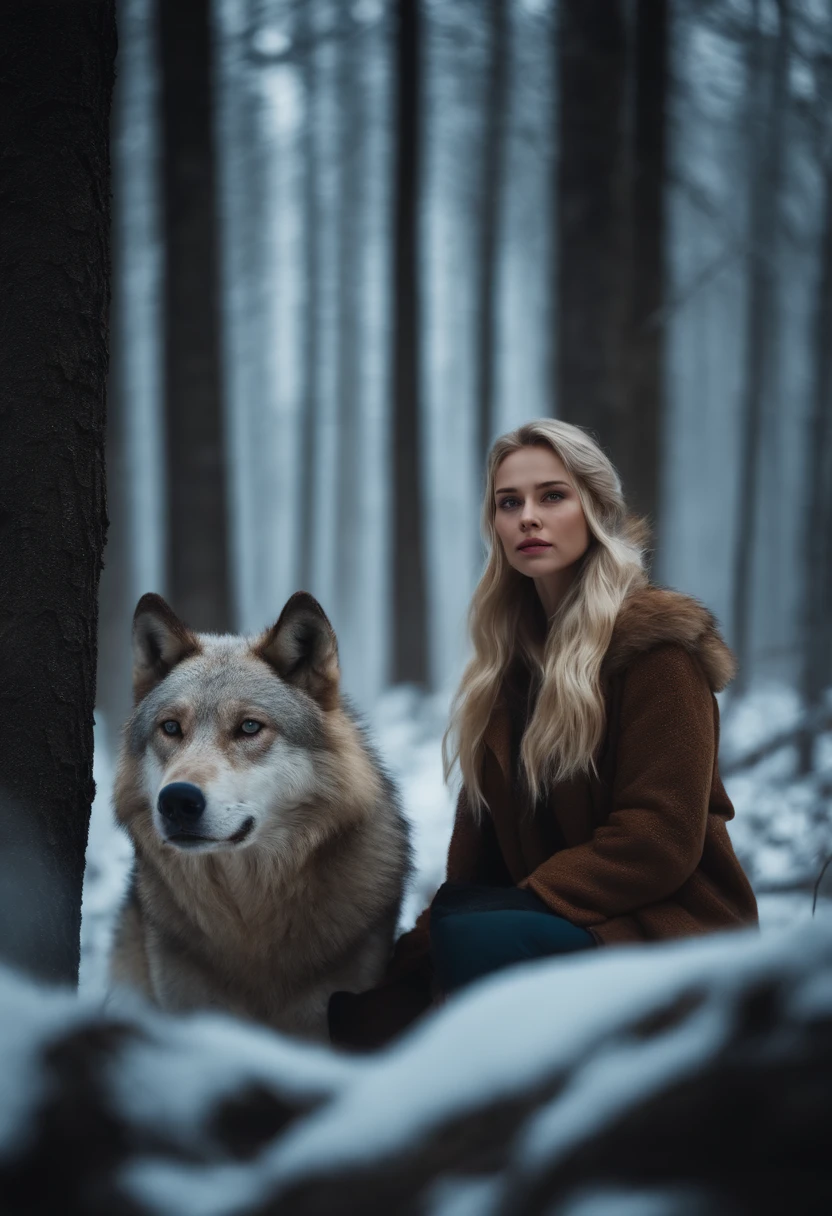 A woman sitting next to a wolf in a snowy forest - SeaArt AI