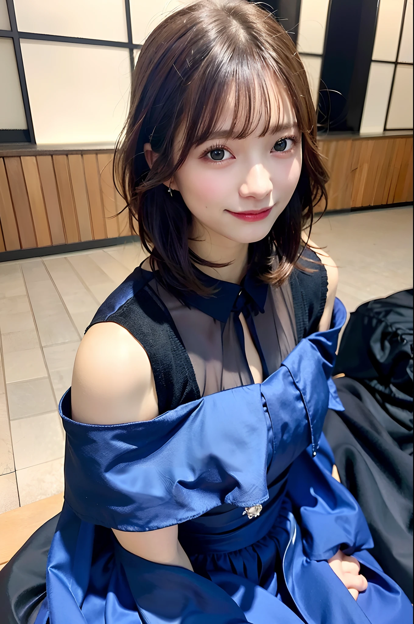 Top Quality, Photorealistic, 8K, High Definition, 1 Girl, Female, (Professional Lighting), (Portrait:0.6), (Off-Shoulder Dress:1.72), Gorgeous, Black Hair,Ash, (Short Hair:1.2), (1.4), (Viewing Viewer: 1.6)), (Look into Camera), Photorealistic, (Bokeh), ( Portate:0.6), (Dynamic Pause:1.2), SFW, (Smile:1.6),
