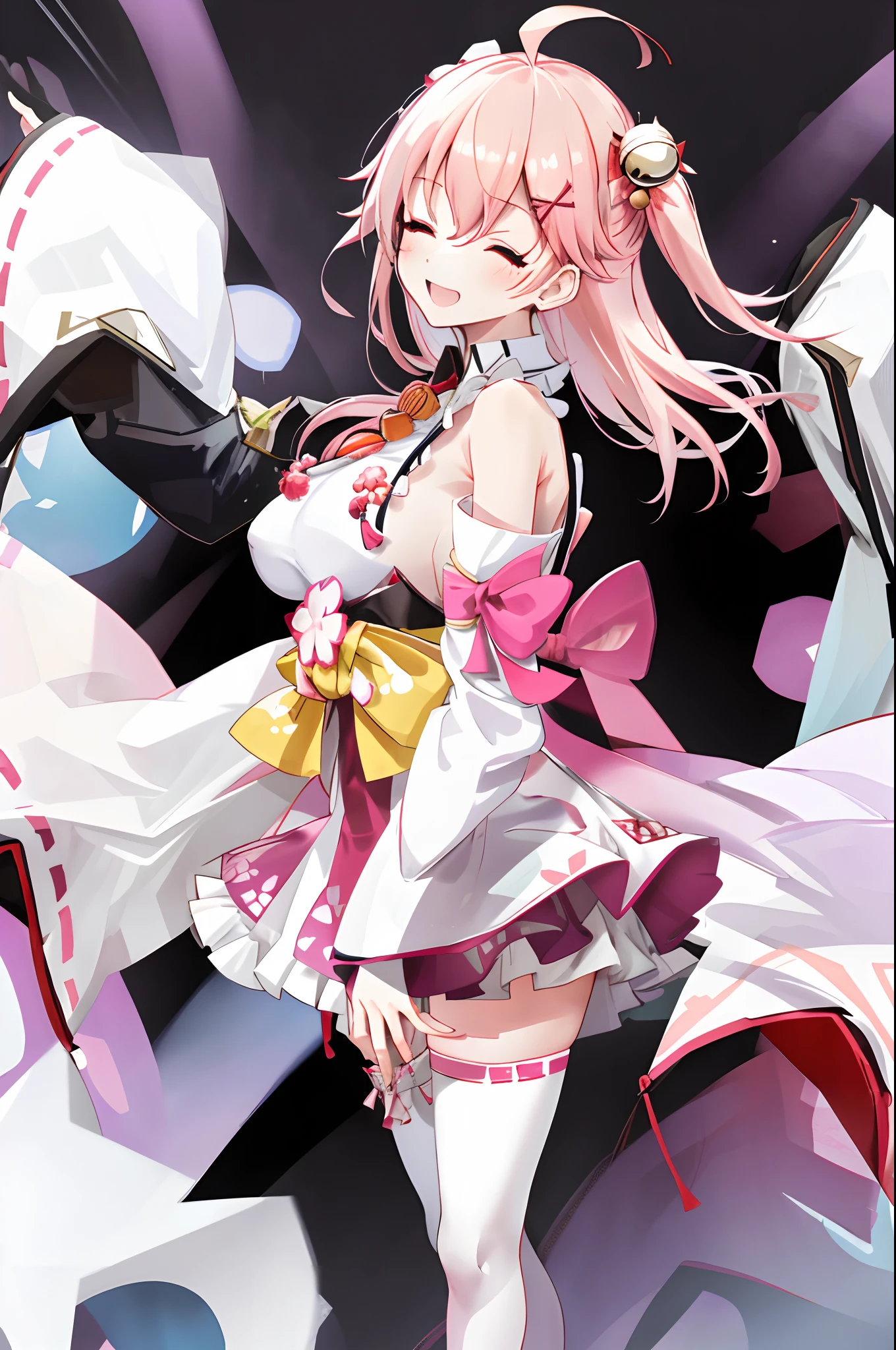 masterpiece, best quality, highres, miko1, sakura_miko, 1girl, big_boobs, solo, ahoge, x_hair_ornament, pink_hair, floral print, hairclip,(side_less_clothes:1.5), (side_boobs:1.5), hair_bell, floral print, long_hair, hair between eyes, one side up, white thighhighs, asymmetrical legwear, wide sleeves, open_mouth,(happy:1.3),close_eyes,big_smile,(rise_leg:1.3),plump,apart_legs,(overly_long_sleeves:1.3),),sleeves_past_wrists,hands_hidden_sleeves,sidelock_clothes,dynamic_posing,solo,hidden_wrists,(XD:1.4),covered_nipples,