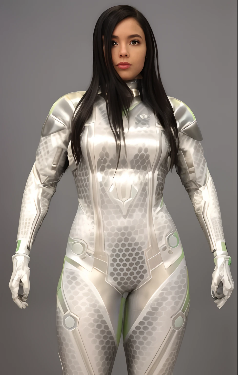 Une femme en costume futuriste pose pour une photo, cyber suit, Different Cybersecurity Combinations, en armure futuriste blanche, Costume holographique, Cybersuit, Costumes SCI - FI, Peau de science-fiction, Porter une armure de science-fiction, Women's science fiction, White metal armor, Porter une armure futuriste, pearlescent skin, sci fi female character, Cybernetic Body