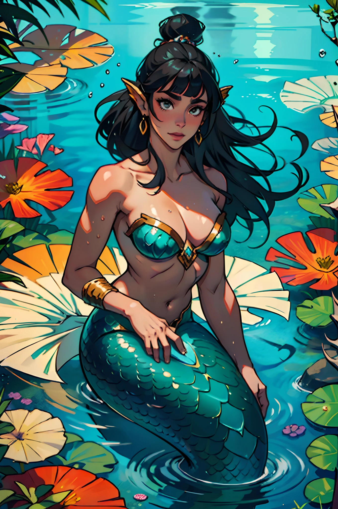 Mermaid, black skin, long straight black hair with bangs, Iara, mermaid, Brazilian folklore, mother of water, Amazon, Uiara, Amazon river, mermaid tail, indigenous