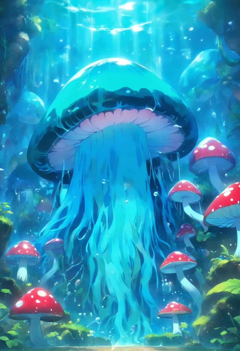 Whimsical illustration of charming mushroom style slime, Blue_mud, Masterpiece, Fish, talim, Wem, b&m, vines, Colored skin, Realistic, A high resolution, a 3D render, Clear, Fish swim inside, skin_Ton_mud_Blue, Gills, Fins, Shaped fingers, abyssal,