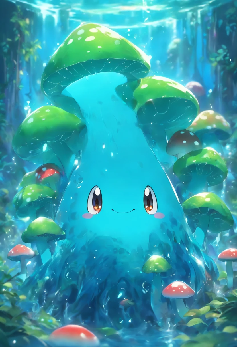 Whimsical illustration of charming mushroom style slime, Blue_mud, Masterpiece, Fish, talim, Wem, b&m, vines, Colored skin, Realistic, A high resolution, a 3D render, Clear, Fish swim inside, skin_Ton_mud_Blue, Gills, Fins, Shaped fingers, abyssal,