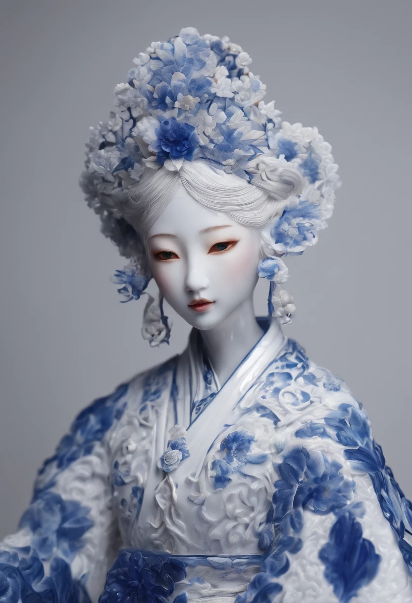 Blue and white porcelain,Ceramic Chinese style doll,Ancient clothes,femele,Embossed petals on the body,artwork of a,Ornaments, high detail,3D, Chiaroscuro, Cinematic lighting, god light, Cinematic lighting, hyper HD, High details, Best quality, A high resolution, Textured skin