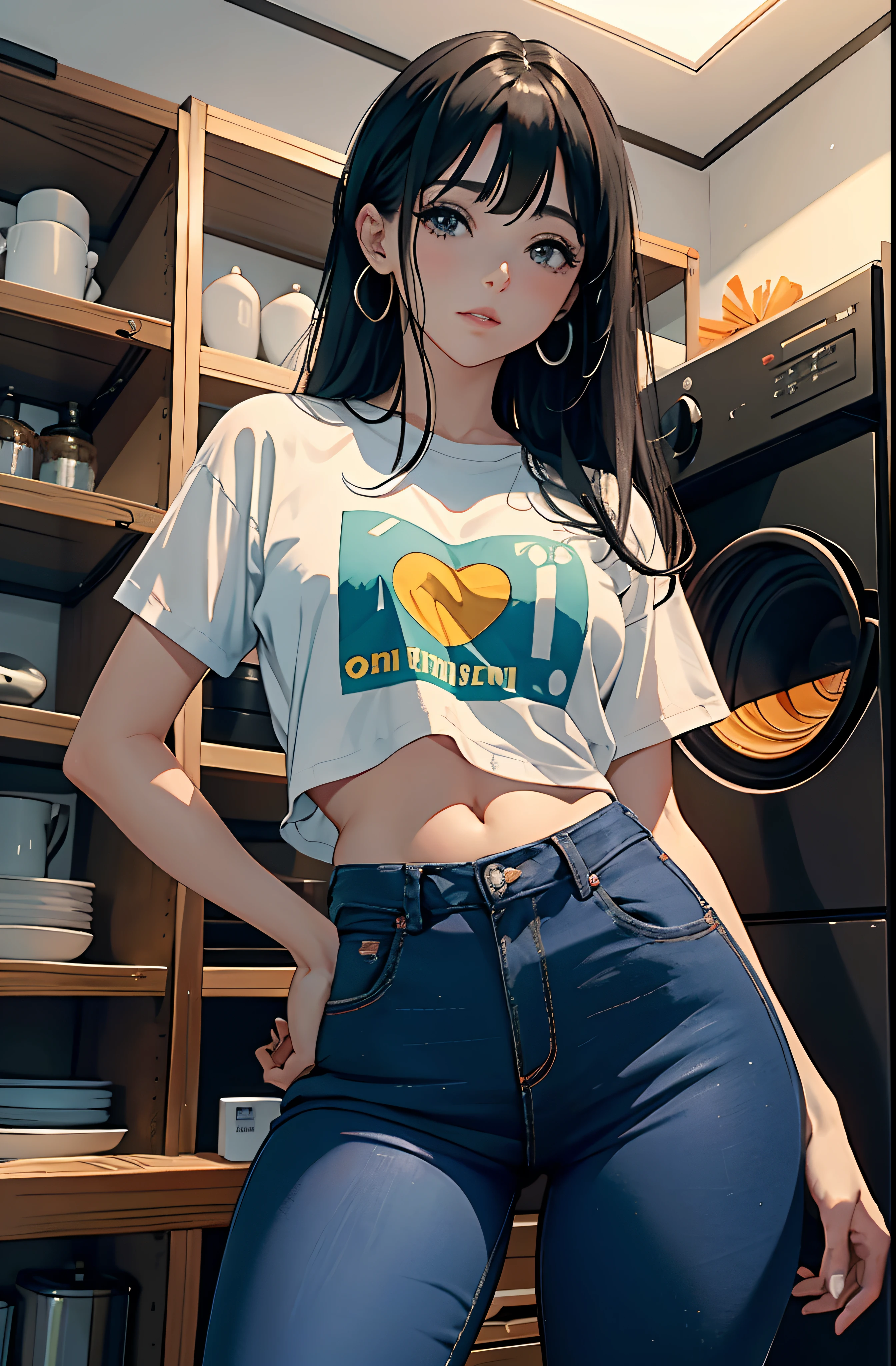 (Hinata Hyuga, muito sensual, com roupas apertadas, bunda grande, pernas grossas, Wearing extremely tight jeans, usando uma mini blusa, umbigo com pirsing, cabelo grande, Speaker behind, muito realista, extremamente sexy, 8k, 8k extremamente detalhado), (um extremamente delicado e bonito), (obra-prima), (melhor qualidade: 1.0), (ultra highres:1.0)