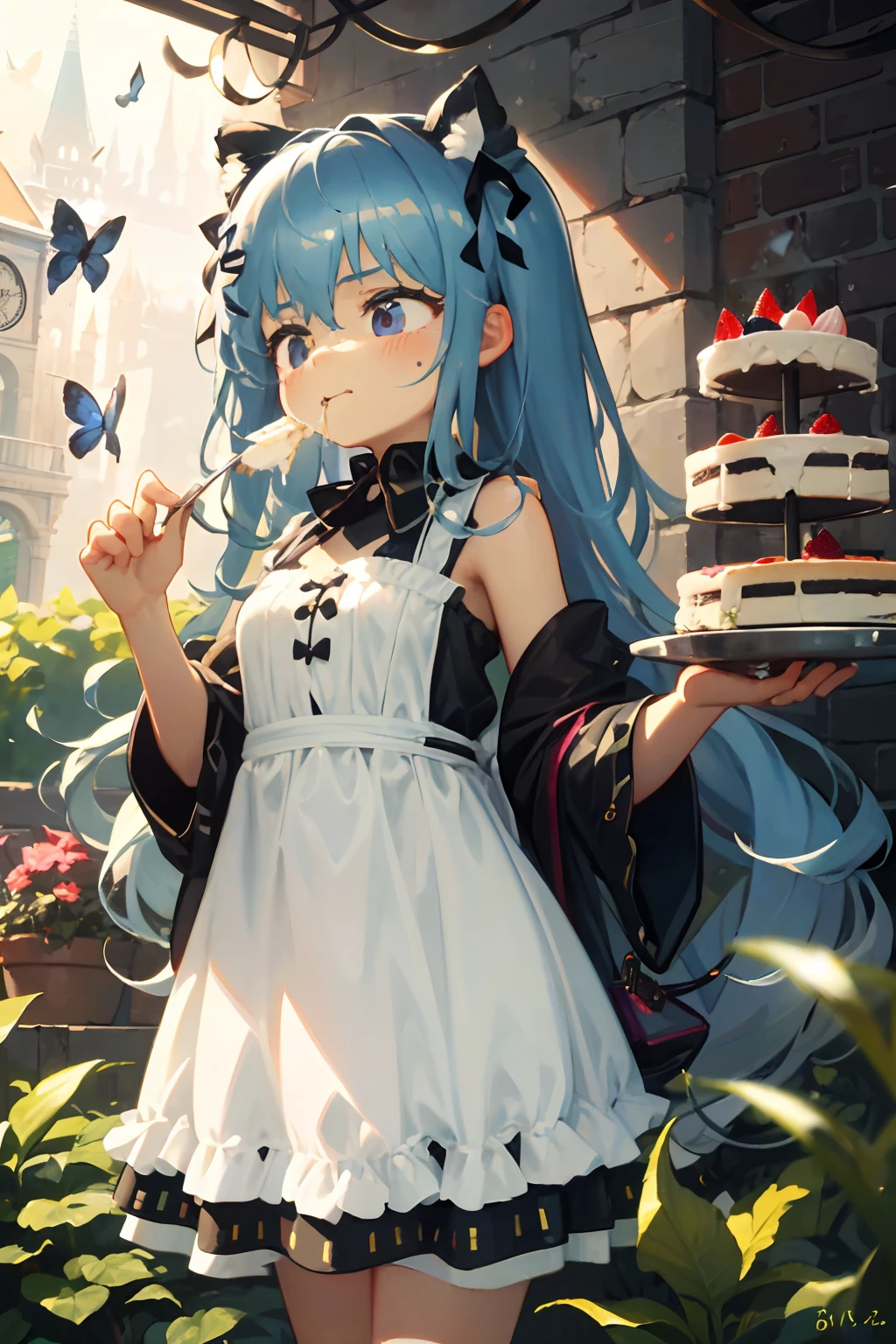 (highres),2girls,cute,eating cake,feeding each other,wearing a dress,detailed features,beautiful hair,delicate hands,lovely expressions,soft lighting,pastel colors,joyful atmosphere,little garden,butterflies flying around,magical ambiance,whimsical vibes,artistic painting style,natural scenery,eye-catching composition,lively and dynamic poses,wisps of hair floating in the wind,vibrant and delicious cake,borderless happiness,fond memories,cherished friendship,moment of pure delight.