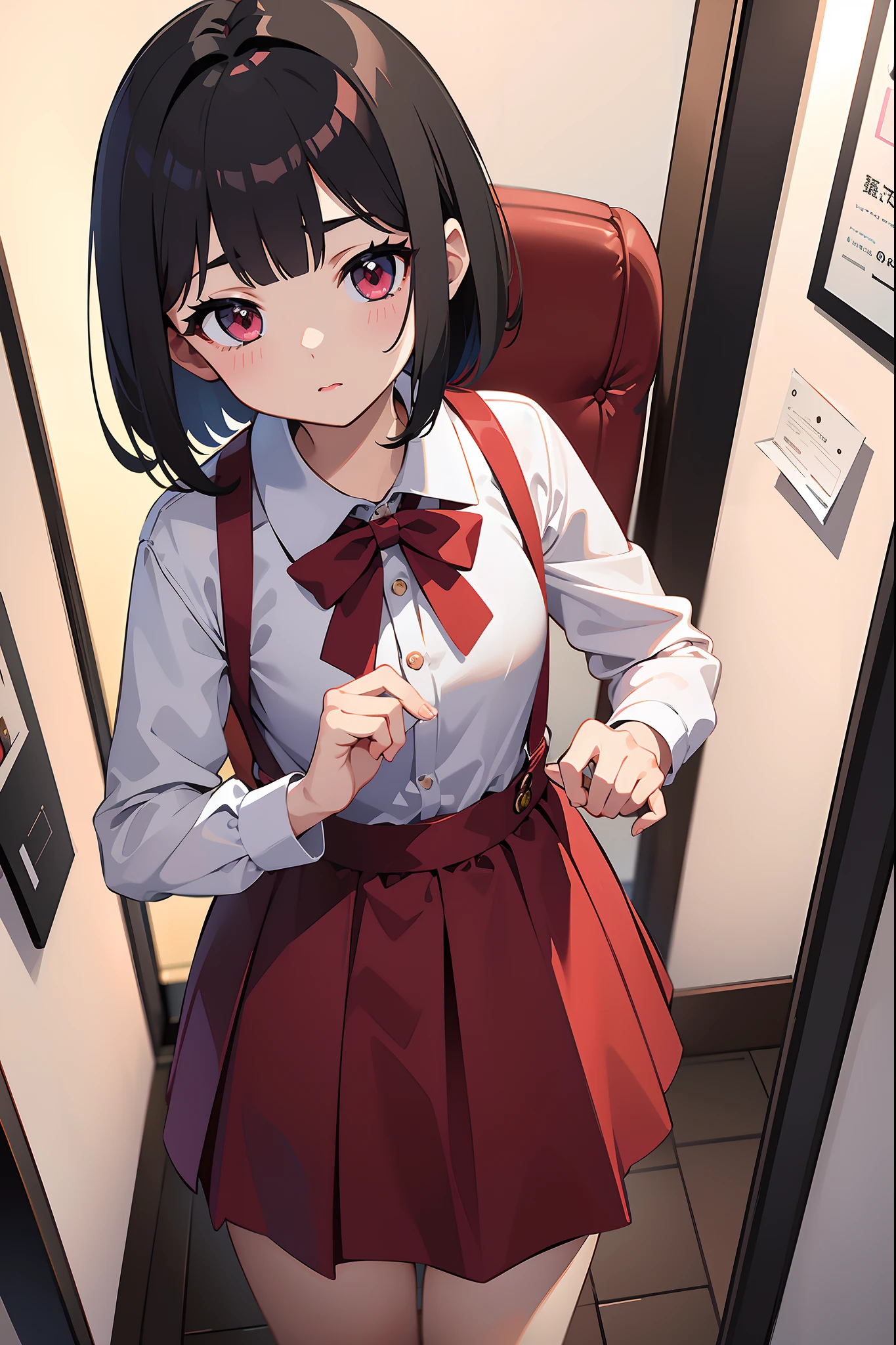 Masterpiece、top-quality、Top resolution、Top image quality、 in red suspender skirt and shirt、bob cuts、A dark-haired、Petite but busty、