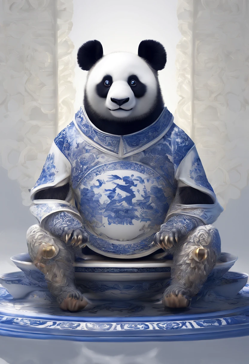 Blue and white porcelain,Ceramic Chinese panda，Ancient Style，On the table，artwork of a，Ornaments， high detail,3D， Chiaroscuro, Cinematic lighting, god light, Cinematic lighting, hyper HD, High details, Best quality, A high resolution, Textured skin