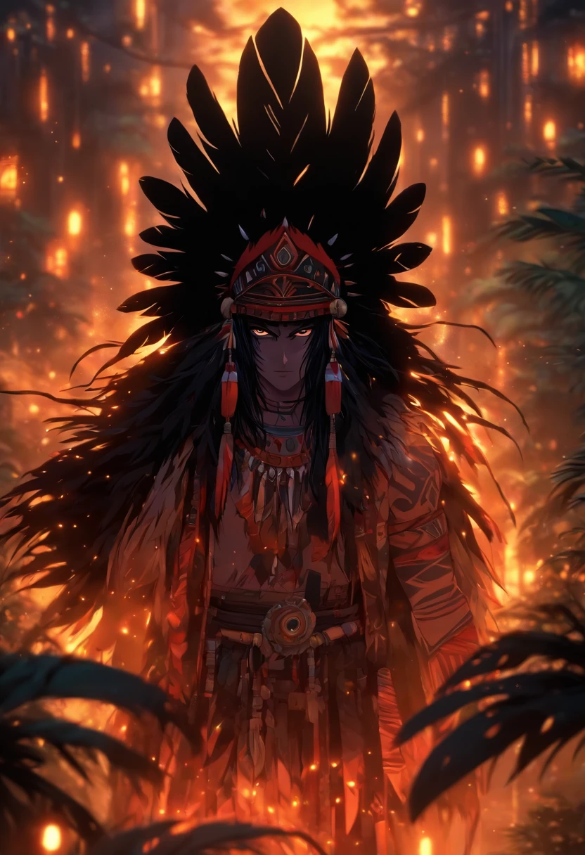 (((black feathers))) best quality, very high resolution, detailed CG in 4K, masterpiece, man, black hair, black feathers, amazon brazil, rivers, indigenous people, indigenous tribes, indigenous city, forest, aesthetics, beautiful image , centered on screen, full body