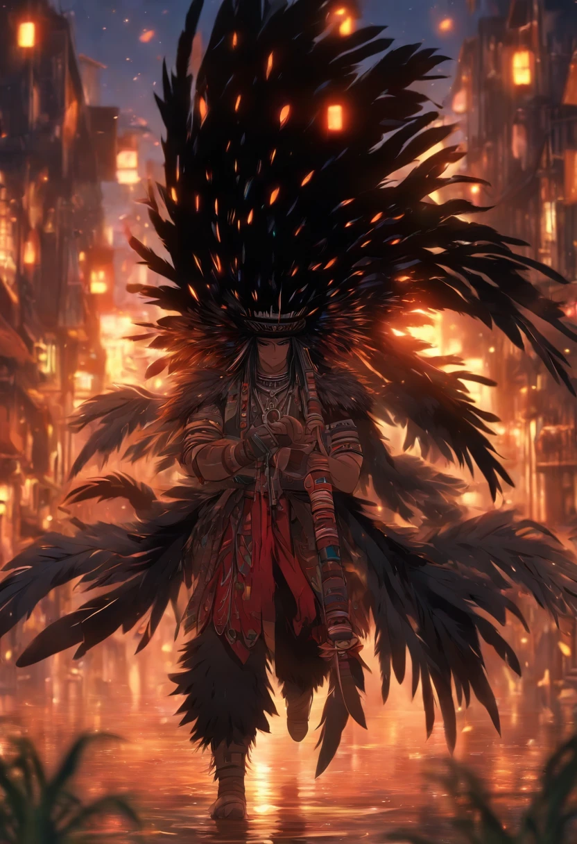 (((black feathers))) best quality, very high resolution, detailed CG in 4K, masterpiece, man, black hair, black feathers, amazon brazil, rivers, indigenous people, indigenous tribes, indigenous city, forest, aesthetics, beautiful image , centered on screen, full body
