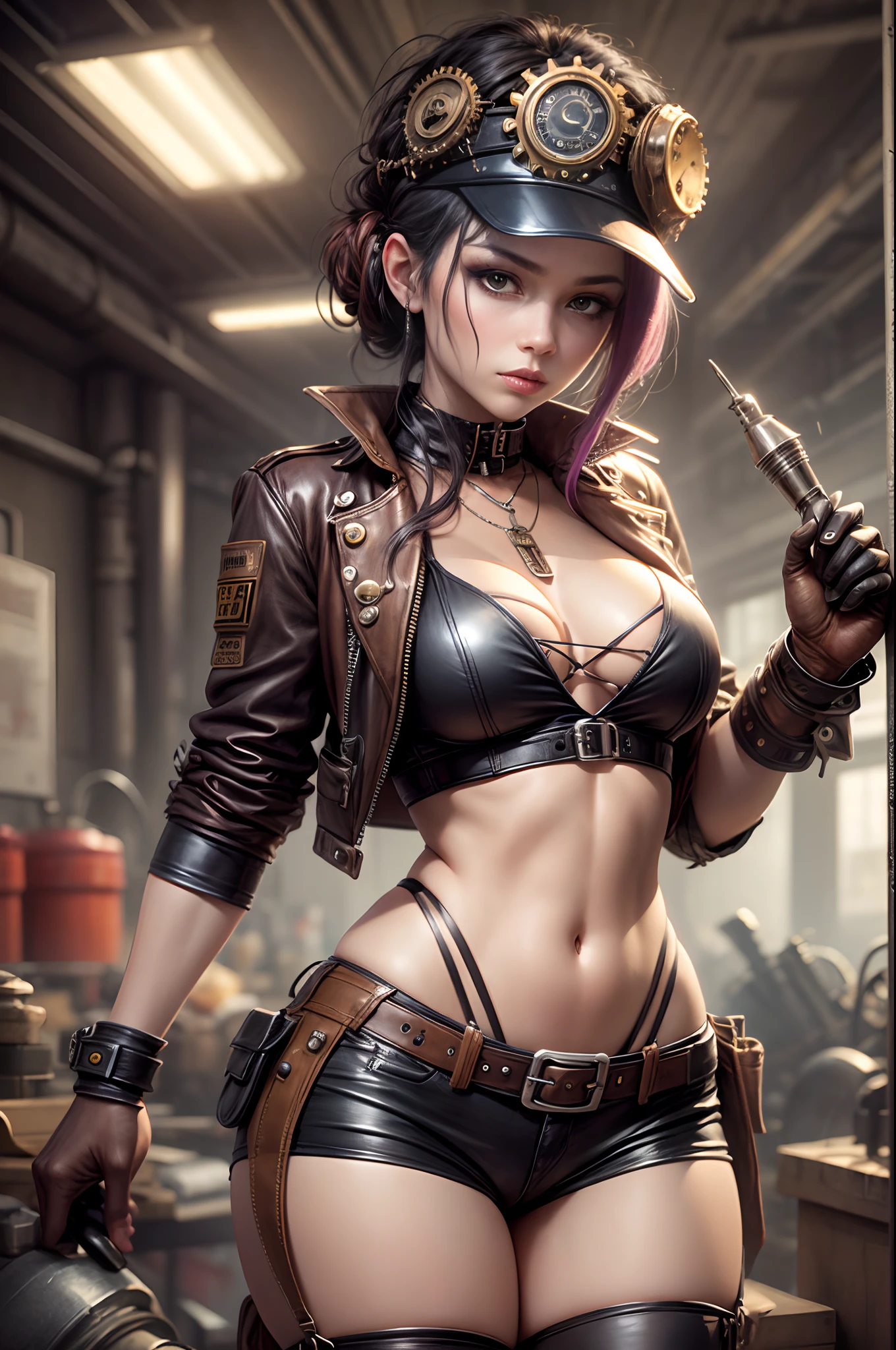 "Steampunk mechanic girl, edgy leather attire, baring midriff, industrial aesthetics, grungy workshop"