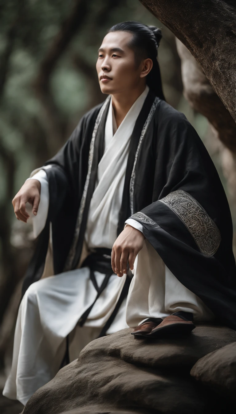 Close-up of a young Chinese Taoist leader sitting on a rock,Long, Whtie hair,lbeard,Meditation cross-legged,Taoism, wearing long black robe,magical aura,Taoist master,Taoist,Not centered,facing at camera,Very bright colors, Light particles, There is bright light, Mshiv, wallpaper art, ultra HD wallpaper