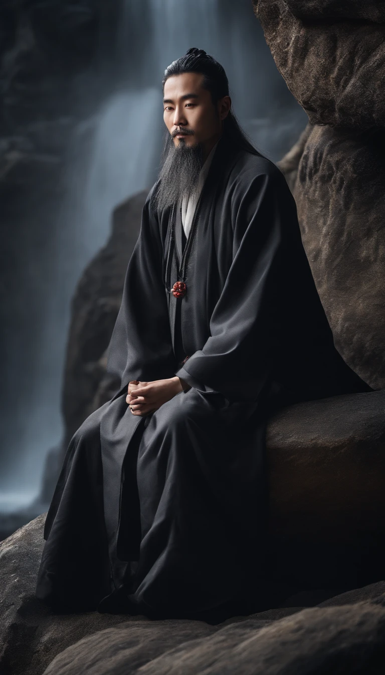 Close-up of a young Chinese Taoist leader sitting on a rock,Long, Whtie hair，lbeard，Meditation cross-legged，Taoism, wearing long black robe，magical aura，Taoist master,Taoist，Not centered，facing at camera，Very bright colors, Light particles, There is bright light, Mshiv, wallpaper art, ultra HD wallpaper