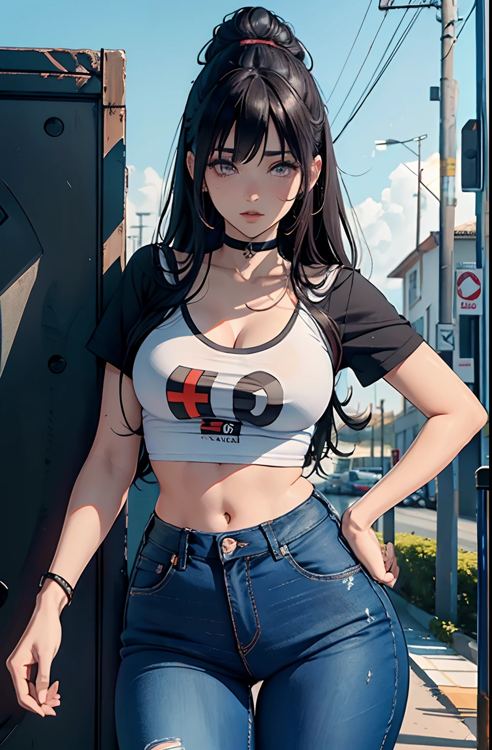 1 girl, white skin, blue eyes, brown hair, pony tail, blue t shirt, big boobs, annoyed, school background, sitting, black jeans, nice ass, annoyed,