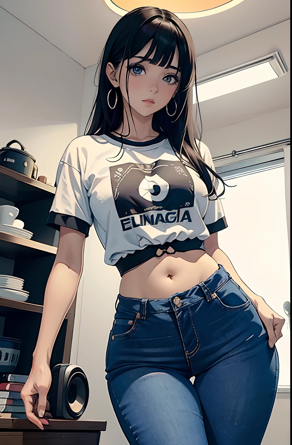 (Hinata Hyuga, muito sensual, com roupas apertadas, bunda grande, pernas grossas, Wearing extremely tight jeans, usando uma mini blusa, umbigo com pirsing, cabelo grande, Speaker behind, muito realista, extremamente sexy, 8k, 8k extremamente detalhado), (um extremamente delicado e bonito), (obra-prima), (melhor qualidade: 1.0), (ultra highres:1.0)