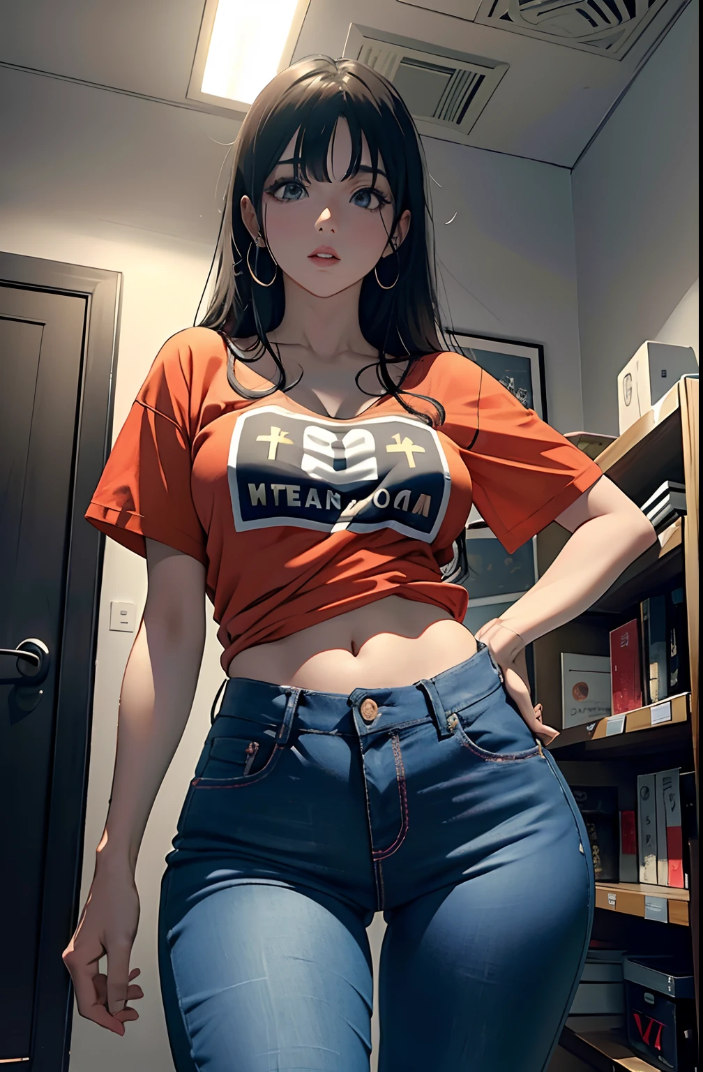 (Hinata Hyuga, muito sensual, com roupas apertadas, bunda grande, pernas grossas, Wearing extremely tight jeans, usando uma mini blusa, umbigo com pirsing, cabelo grande, Speaker behind, muito realista, extremamente sexy, 8k, 8k extremamente detalhado), (um extremamente delicado e bonito), (obra-prima), (melhor qualidade: 1.0), (ultra highres:1.0)