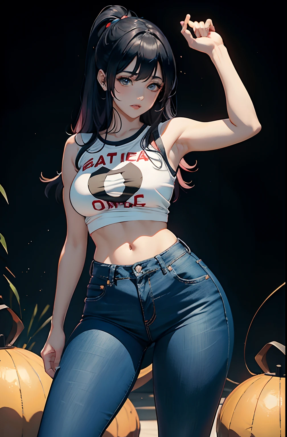 (Hinata Hyuga, muito sensual, com roupas apertadas, bunda grande, pernas grossas, Wearing extremely tight jeans, usando uma mini blusa, umbigo com pirsing, cabelo grande, Speaker behind, muito realista, extremamente sexy, 8k, 8k extremamente detalhado), (um extremamente delicado e bonito), (obra-prima), (melhor qualidade: 1.0), (ultra highres:1.0)