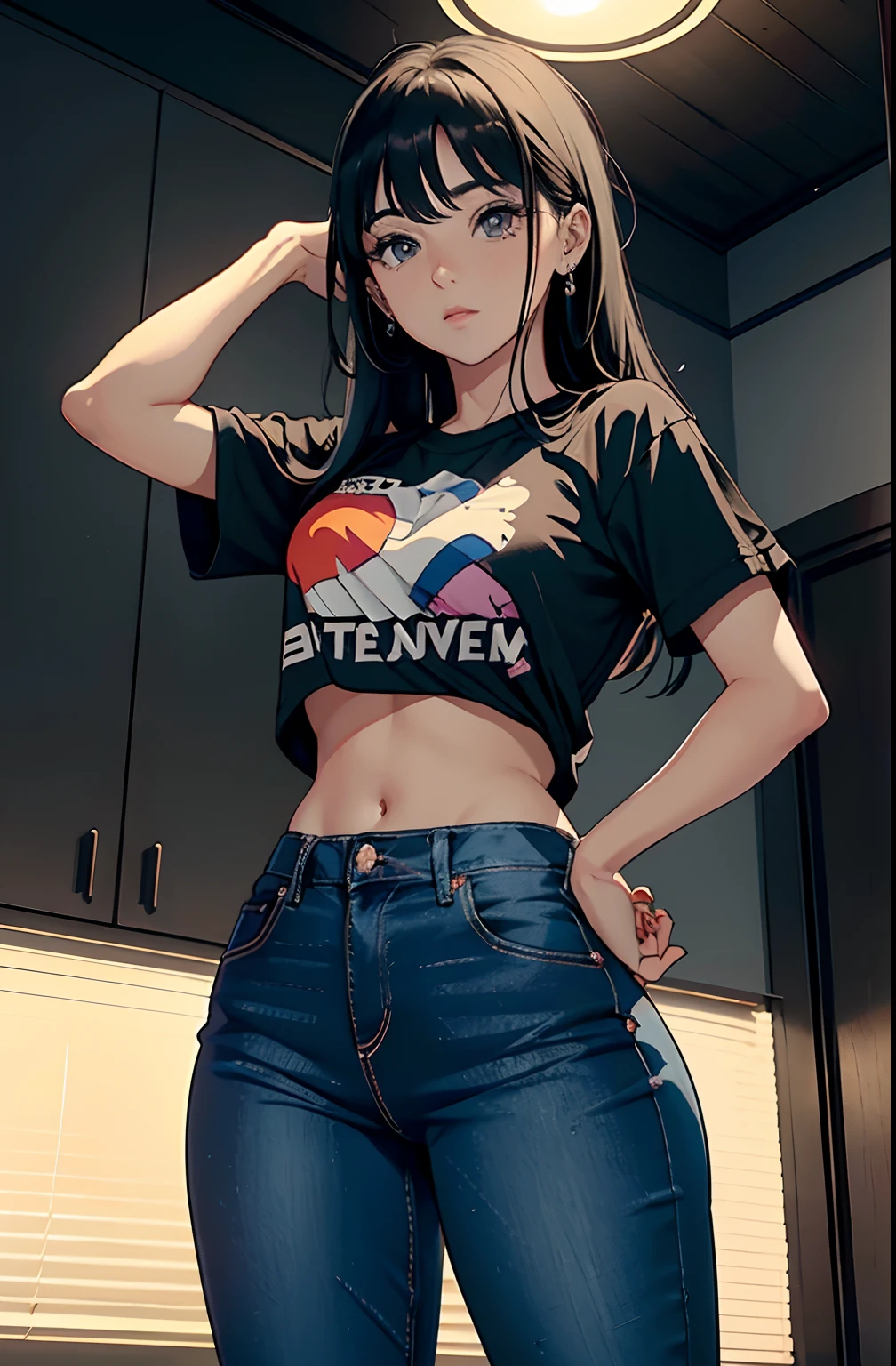 (Hinata Hyuga, muito sensual, com roupas apertadas, bunda grande, pernas grossas, Wearing extremely tight jeans, usando uma mini blusa, umbigo com pirsing, cabelo grande, Speaker behind, muito realista, extremamente sexy, 8k, 8k extremamente detalhado), (um extremamente delicado e bonito), (obra-prima), (melhor qualidade: 1.0), (ultra highres:1.0)