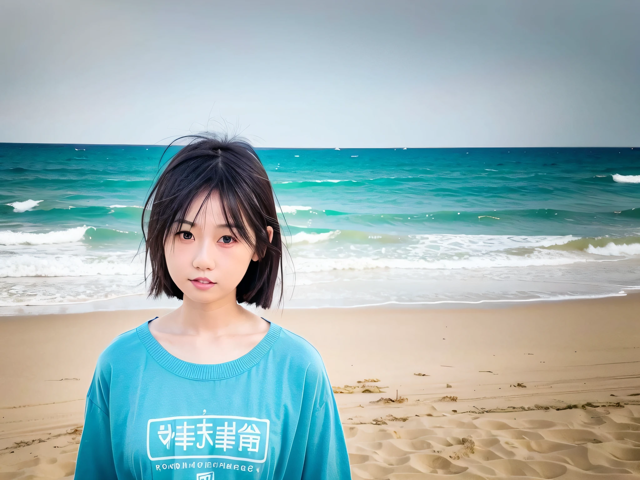 there is a young girl standing on the beach with a shirt on, face picture, face with artgram, with accurate face, face photo, asian face, !face, young face, perfect face ), focus on her face, korean symmetrical face, not face, full round face!, aoshima chiho, photorealiscic face,Realistic
