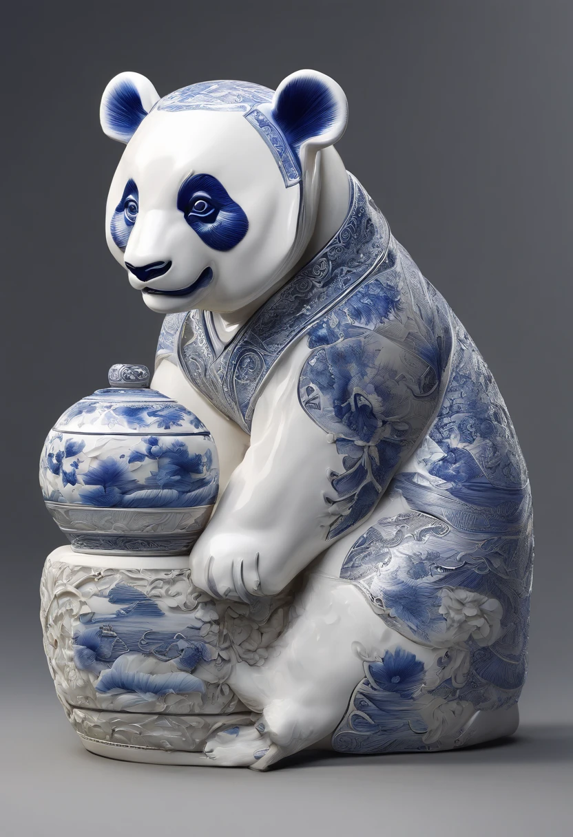 Blue and white porcelain,Ceramic material Chinese panda,artwork of a,Ornaments, high detail,3D, Chiaroscuro, Cinematic lighting, god light, Cinematic lighting, hyper HD, High details, Best quality, A high resolution, Textured skin